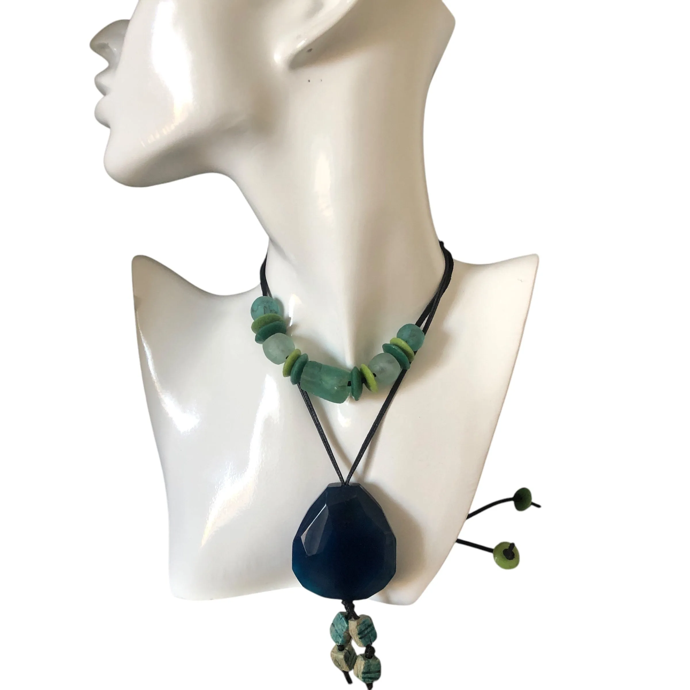 Blue Agate and Egyptian Beads Pendant Necklace