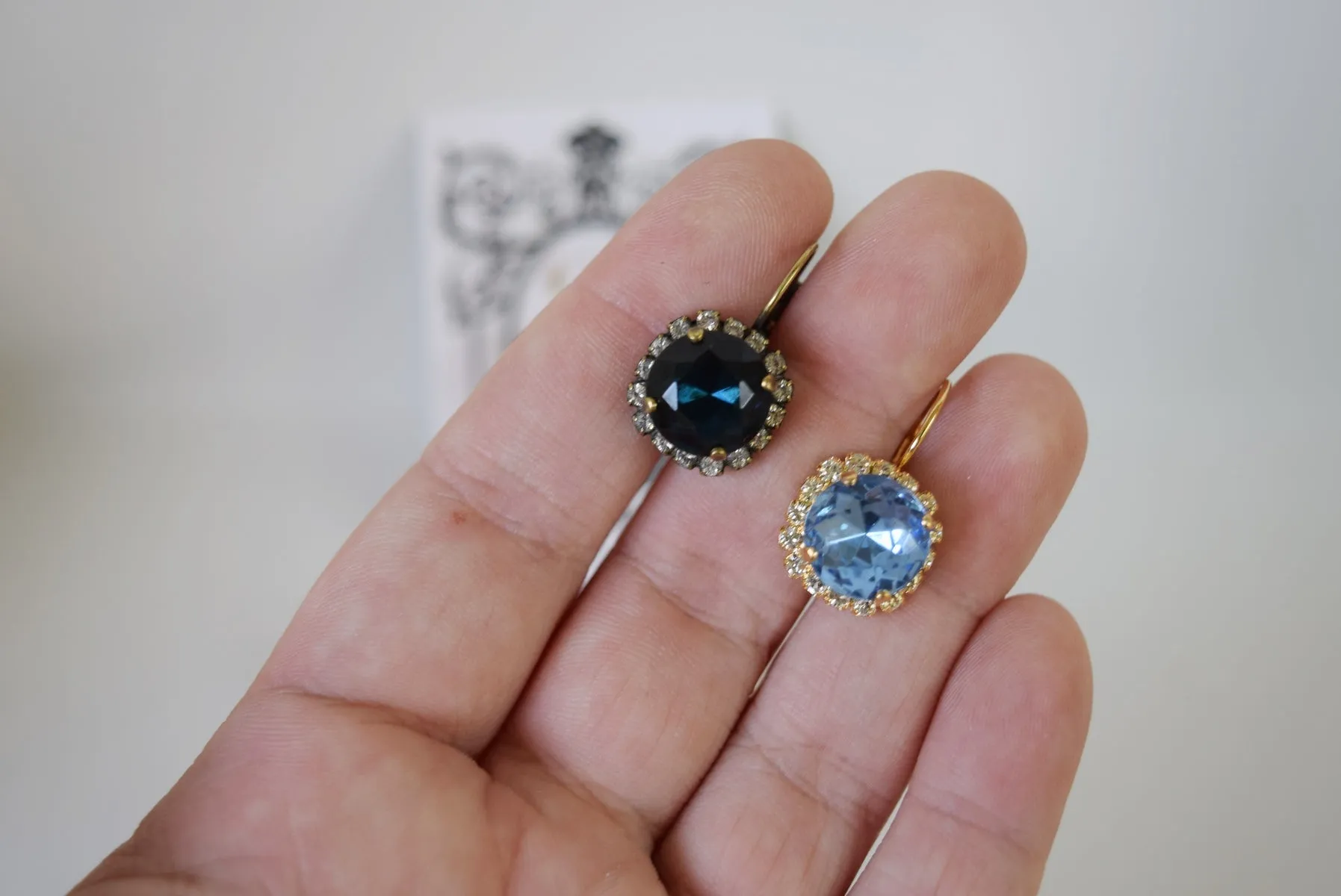 Blue Crystal Halo Earrings - Small Round