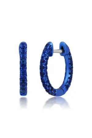 Blue Sapphire 3 Sided Color Rhodium Huggie Earrings