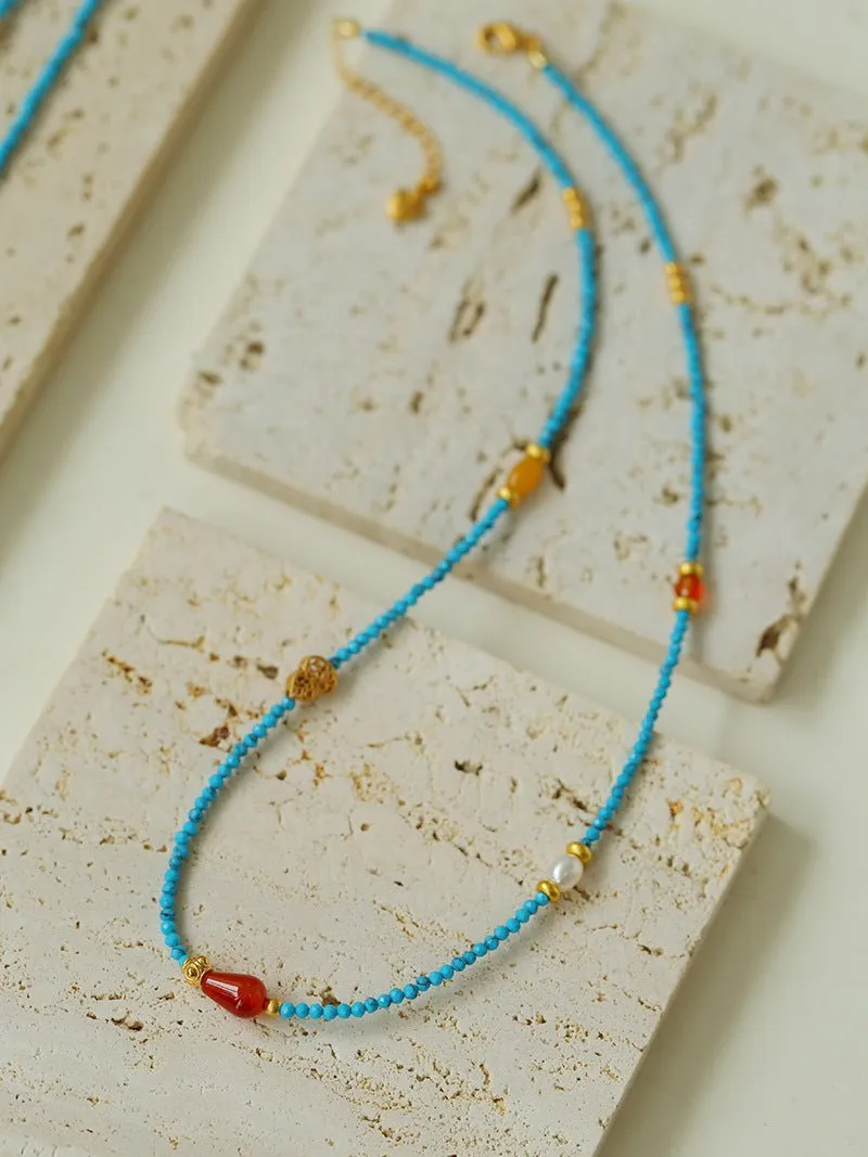 Blue Turquoise Red Onyx Multi-element Beaded Necklace