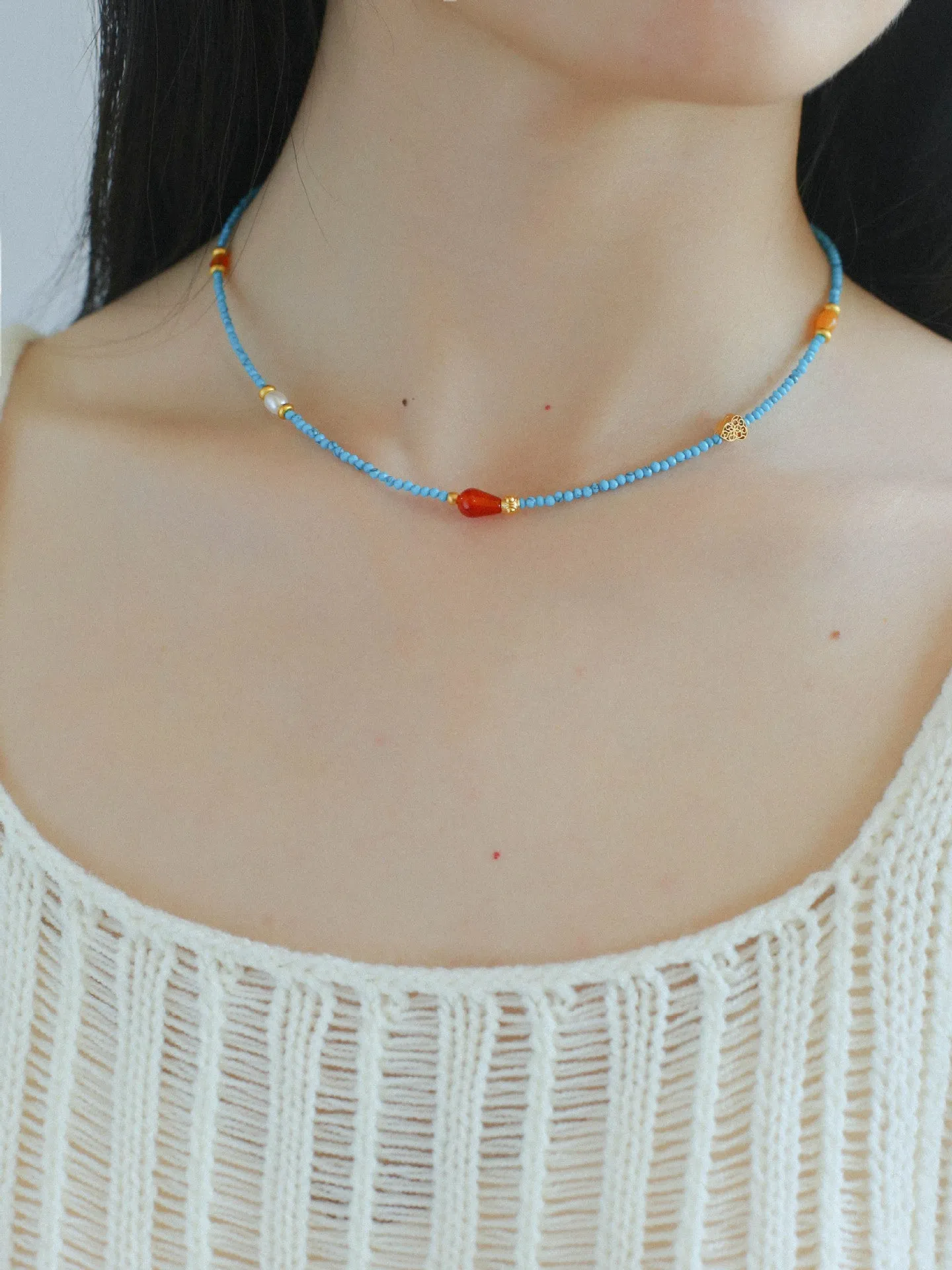 Blue Turquoise Red Onyx Multi-element Beaded Necklace