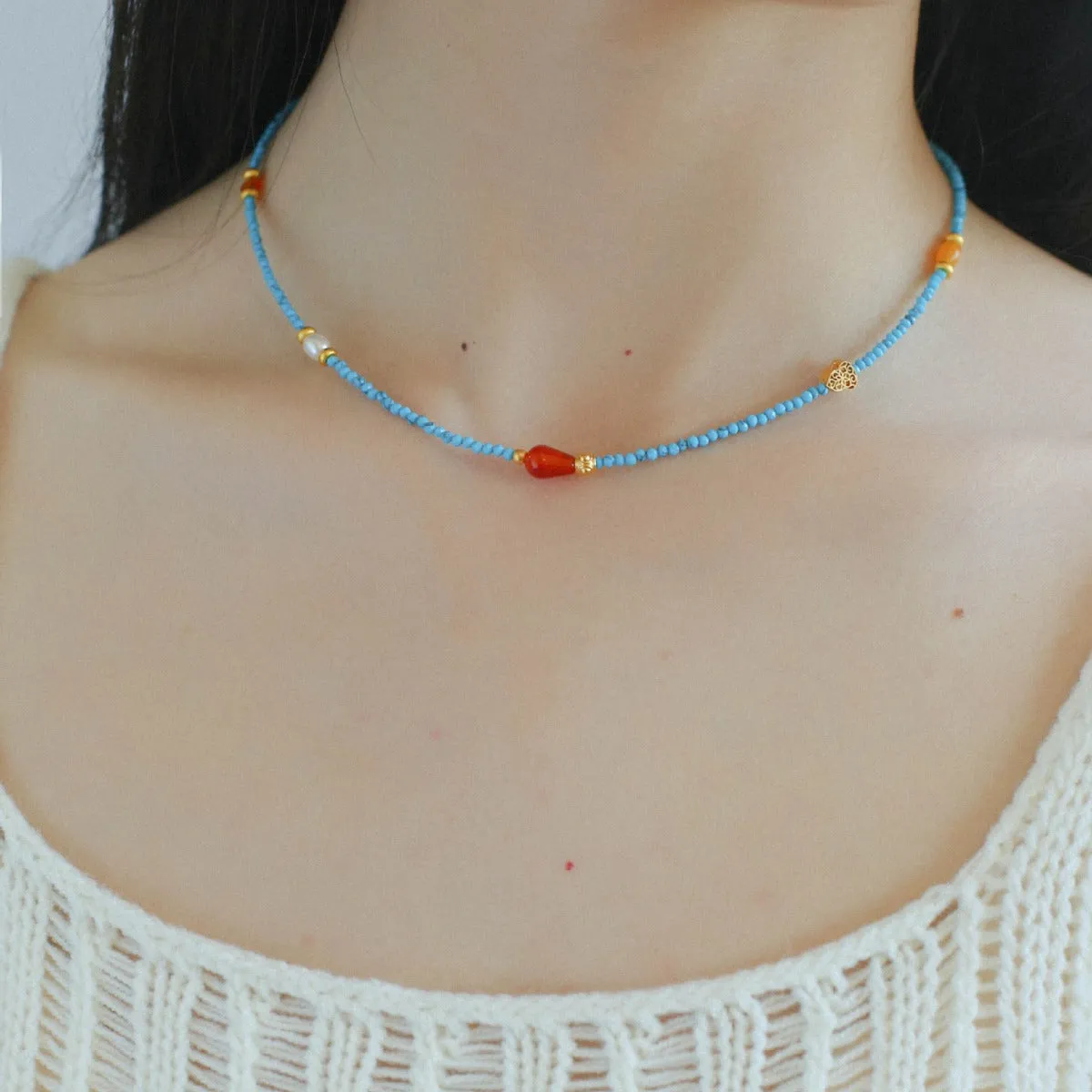 Blue Turquoise Red Onyx Multi-element Beaded Necklace