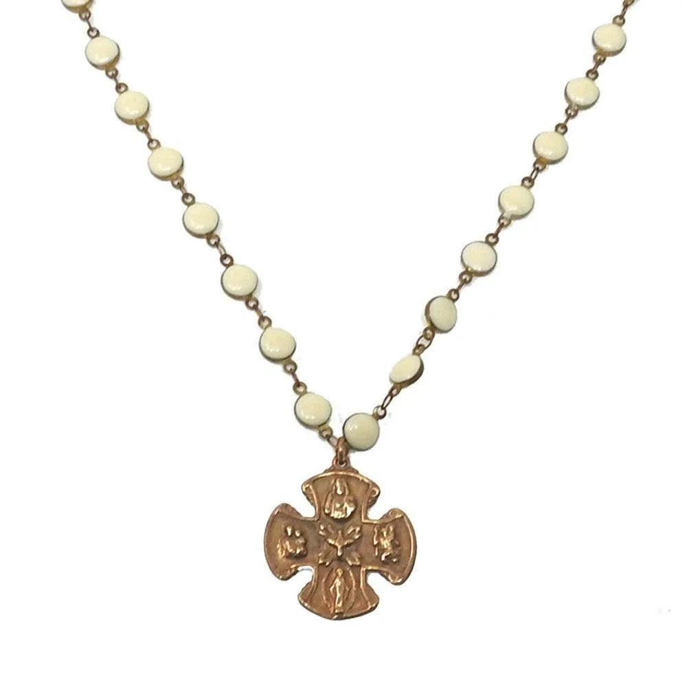 Bronze Cross on White Beads