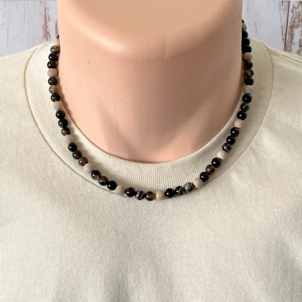 Brown and Beige Agate Beaded Mens Necklace