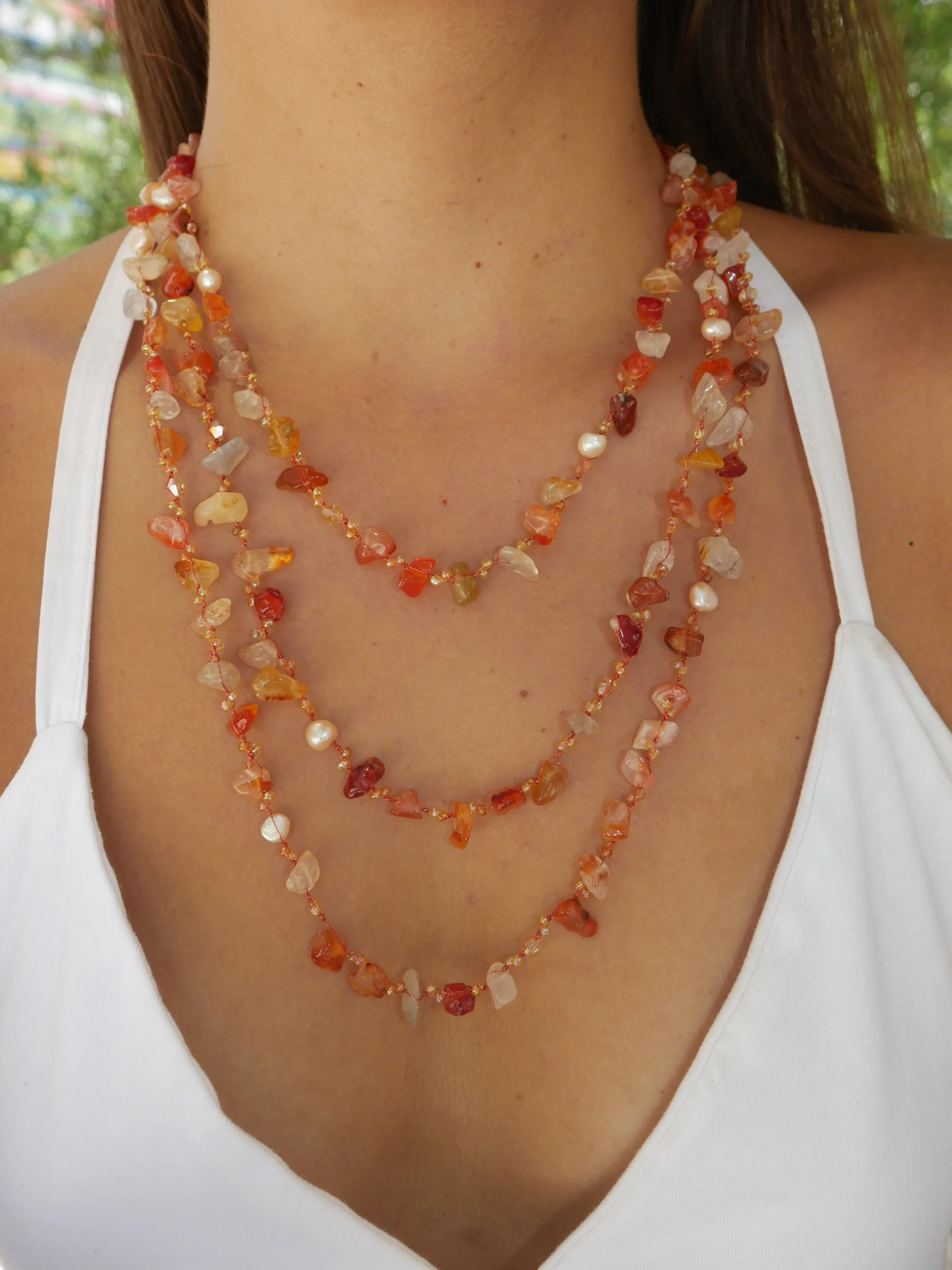 Carnelian and Freshwater Pearl on a Japanese Silk Cord Luxury Necklace Long Wrap Beaded Jewelry