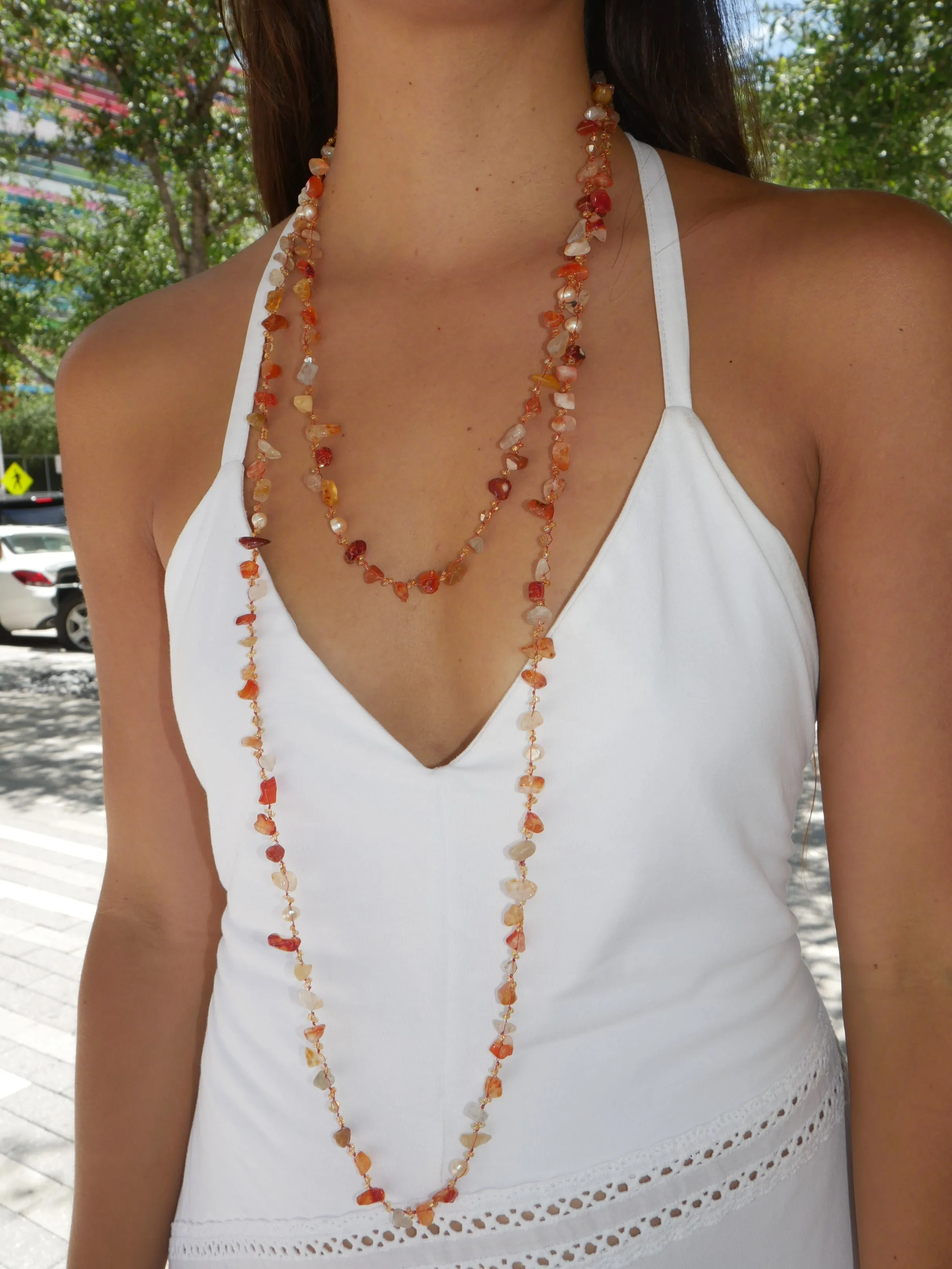 Carnelian and Freshwater Pearl on a Japanese Silk Cord Luxury Necklace Long Wrap Beaded Jewelry