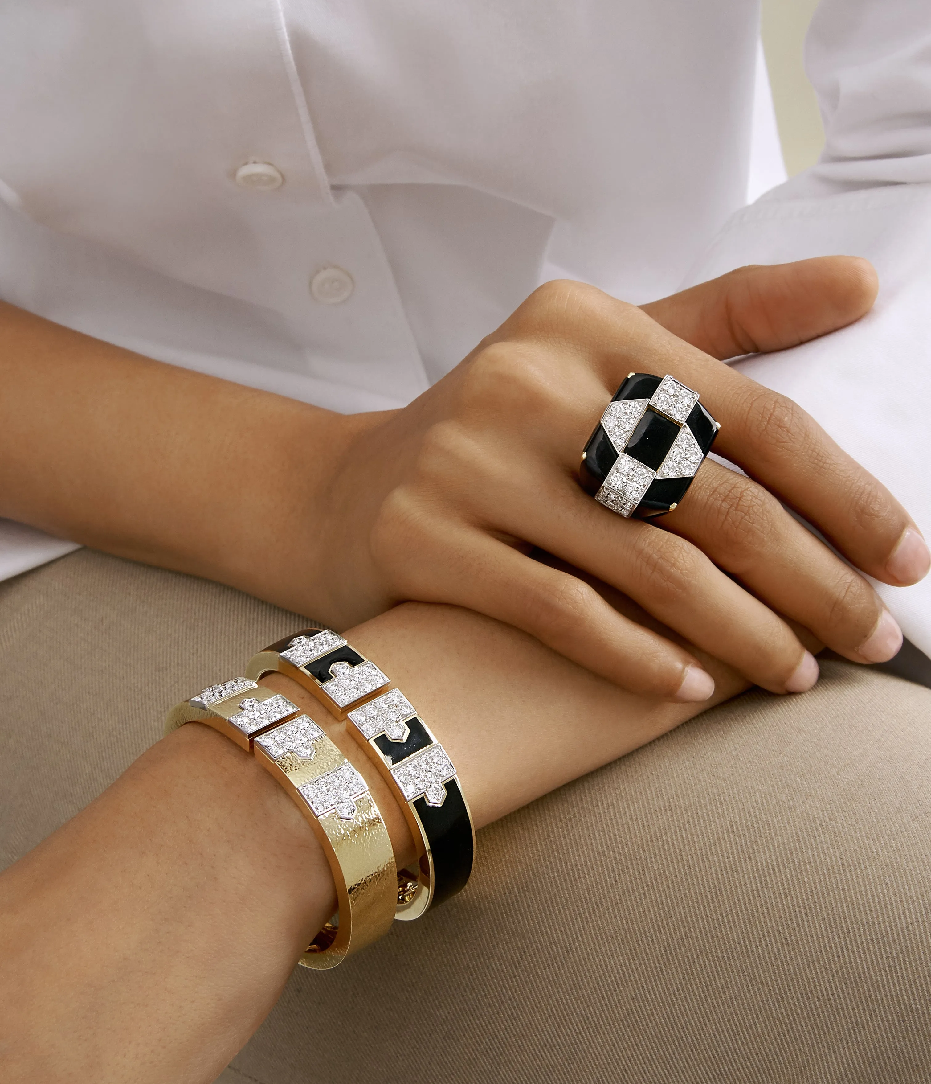 Checkerboard Ring, Black Enamel