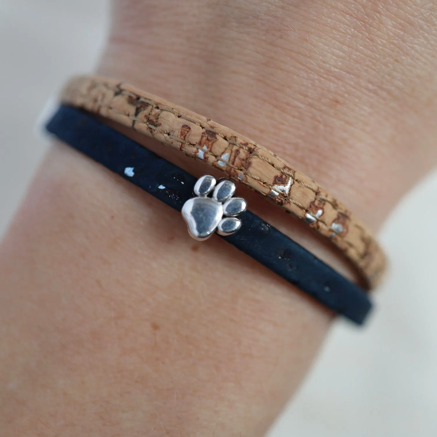 Classic Cork Bracelet With Small Paw Print - Navy