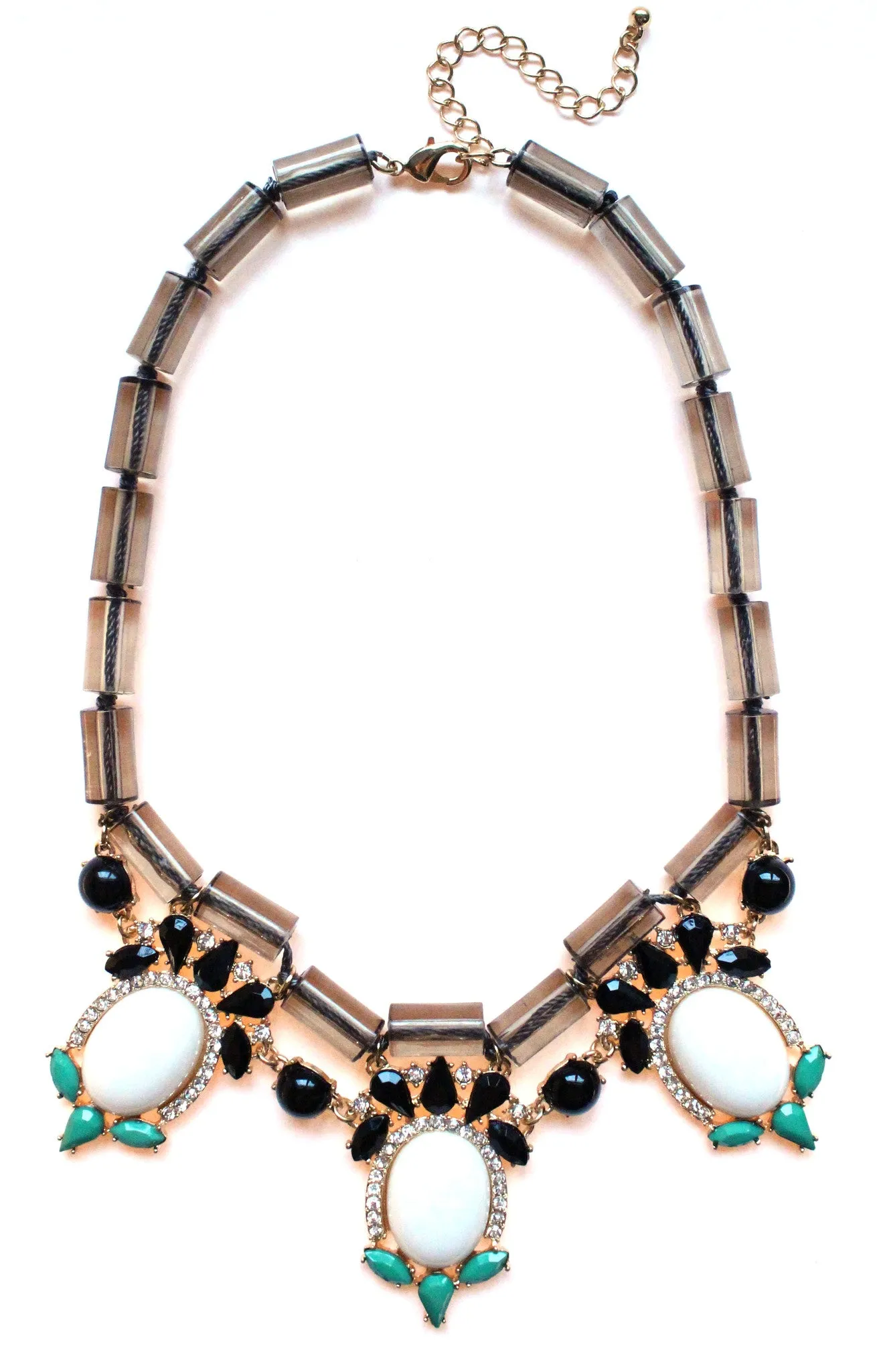 Colorful Beaded & Jeweled Statement Necklace- Gray & White