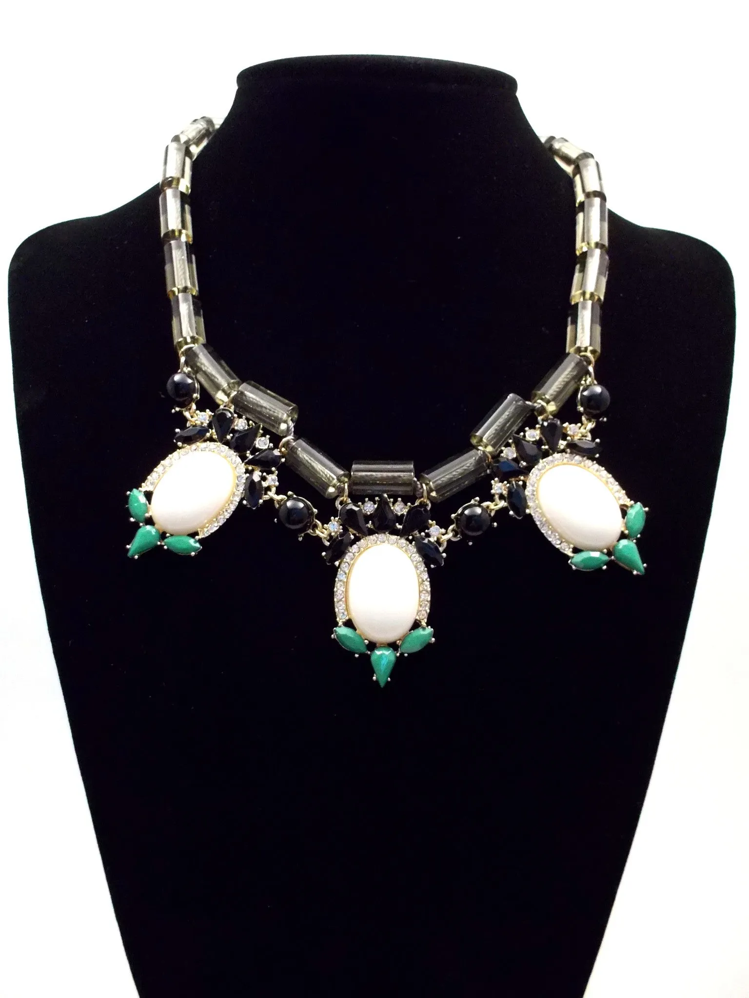 Colorful Beaded & Jeweled Statement Necklace- Gray & White