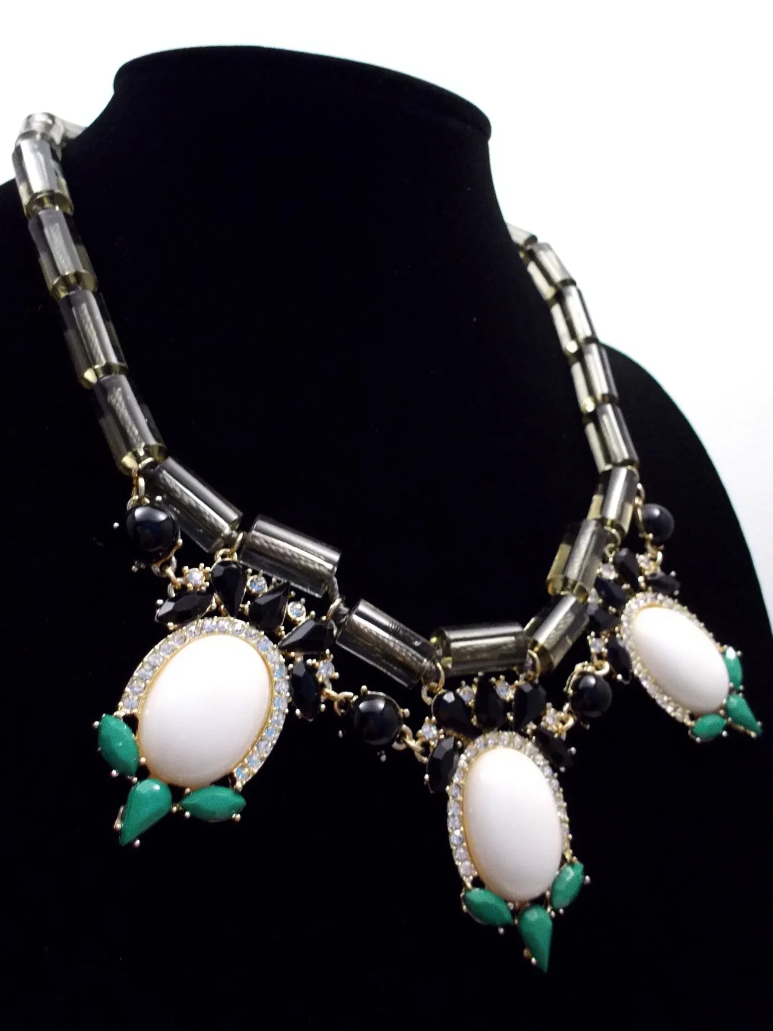 Colorful Beaded & Jeweled Statement Necklace- Gray & White