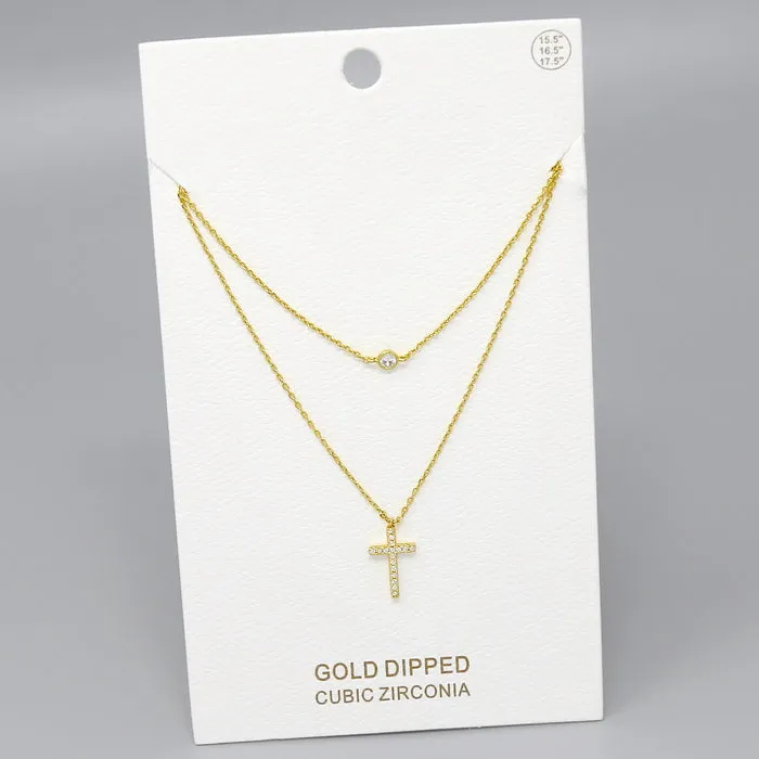 Cross CZ Pave Pendant Gold Dipped Layered Chain Necklace