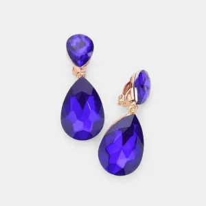 Crystal Sapphire Blue Double Teardrop Clip-on Gold Earrings