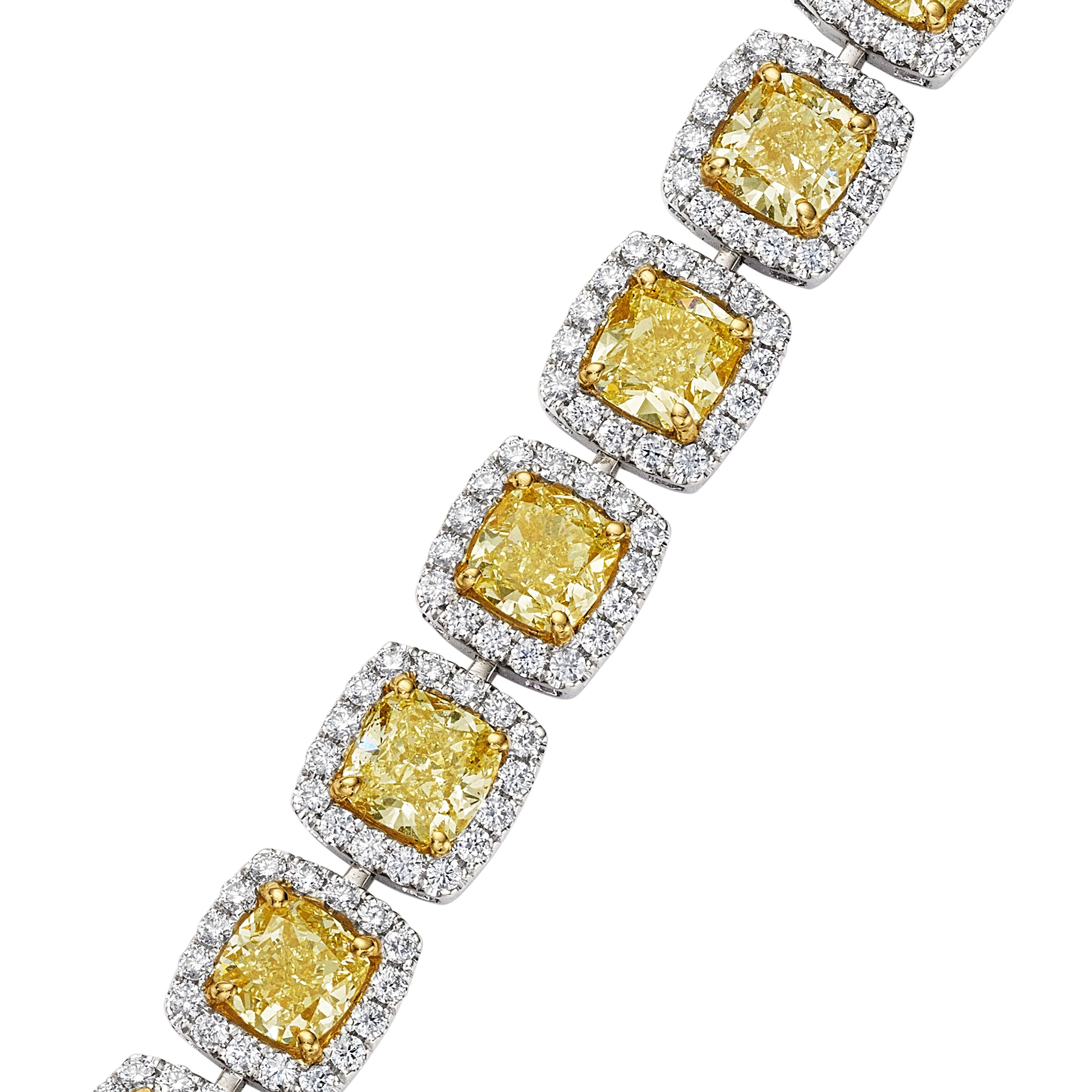 Cushion Cut Fancy Yellow Diamond Bracelet with Halo, 19 CT