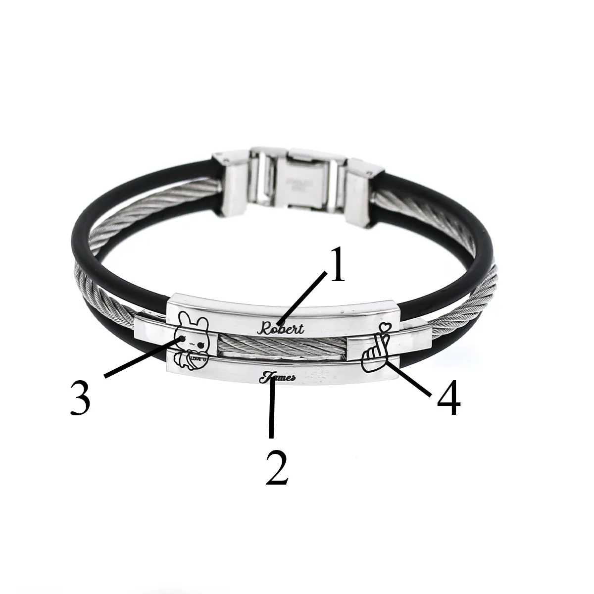 Customizable Black Silver Thin Cable Bracelet KCBB 7