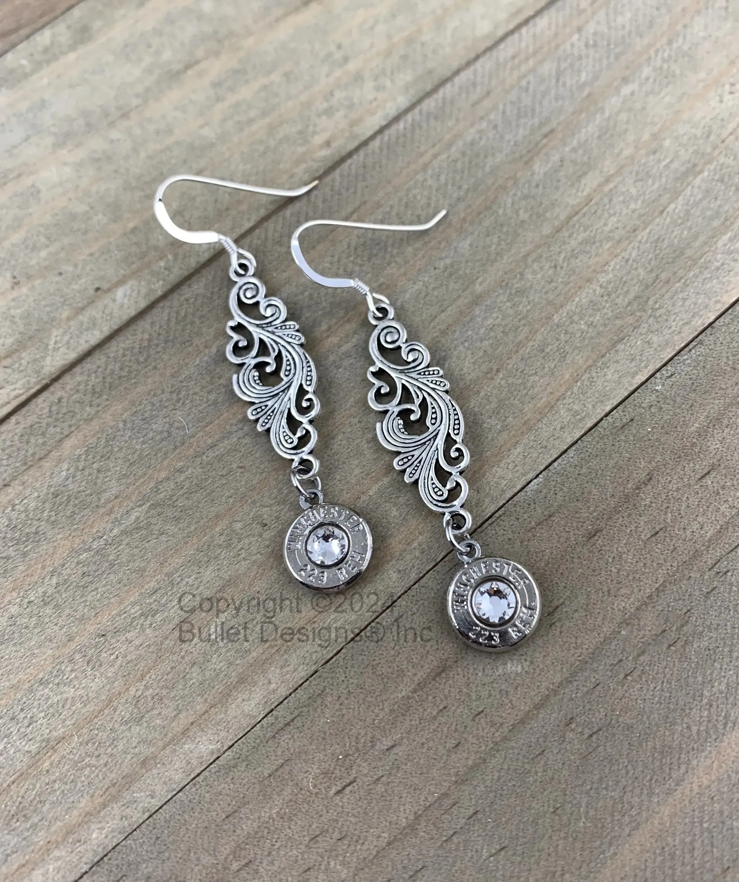 Dangle Bullet Earrings, 223 AR-15,  Peacock Swirl Design, Swarovski Crystals, Sterling Silver Ear Wires, , Silver or Gold Tone, Custom