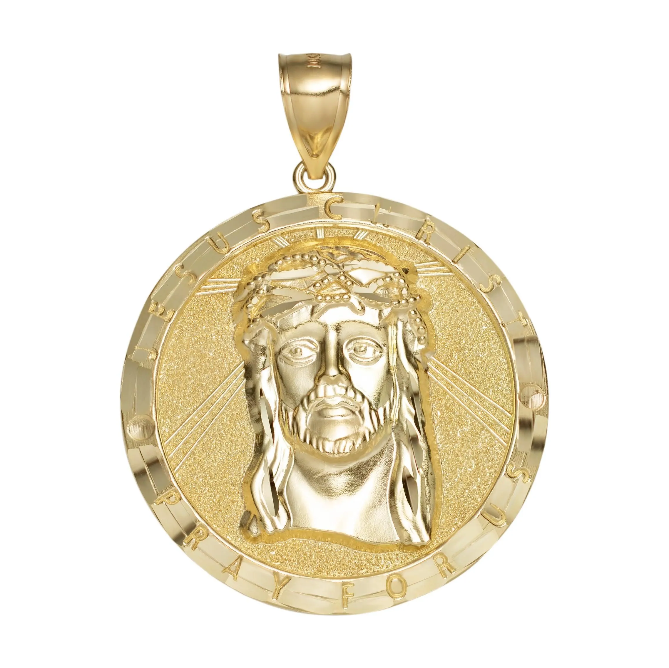 Diamond Cut Jesus Head Pendant Charm Pray for Us Medallion 10K Solid Yellow Gold