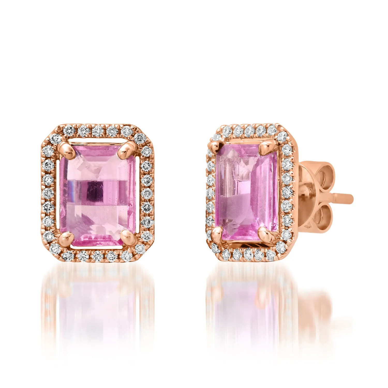 Diamond Framed Pink Sapphire Stud Earrings