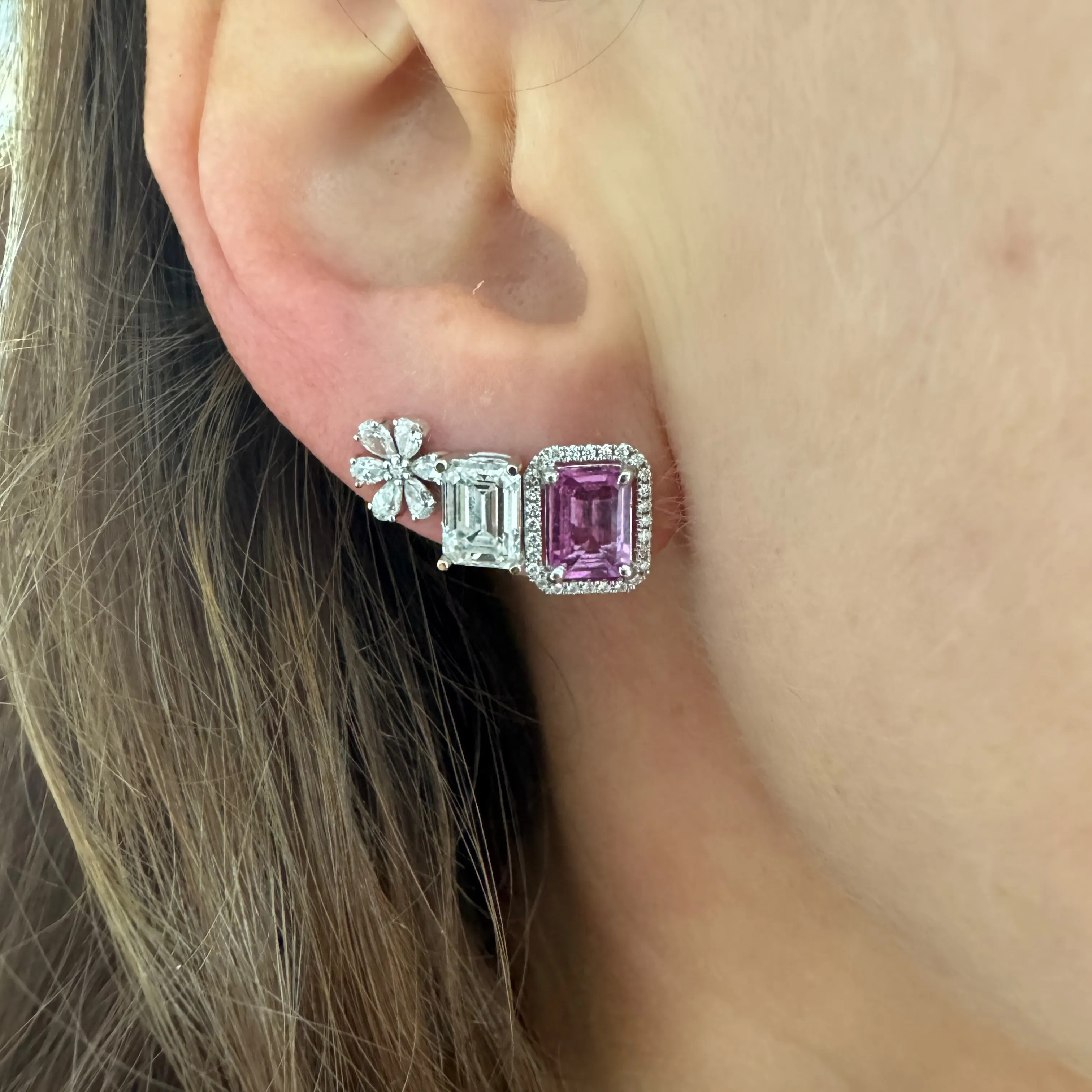 Diamond Framed Pink Sapphire Stud Earrings