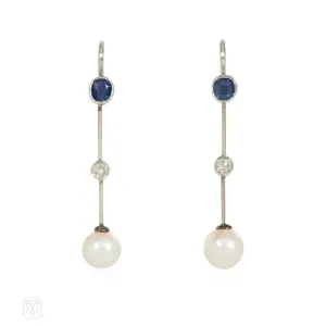 Edwardian sapphire, diamond, and pearl knife-edge earrings