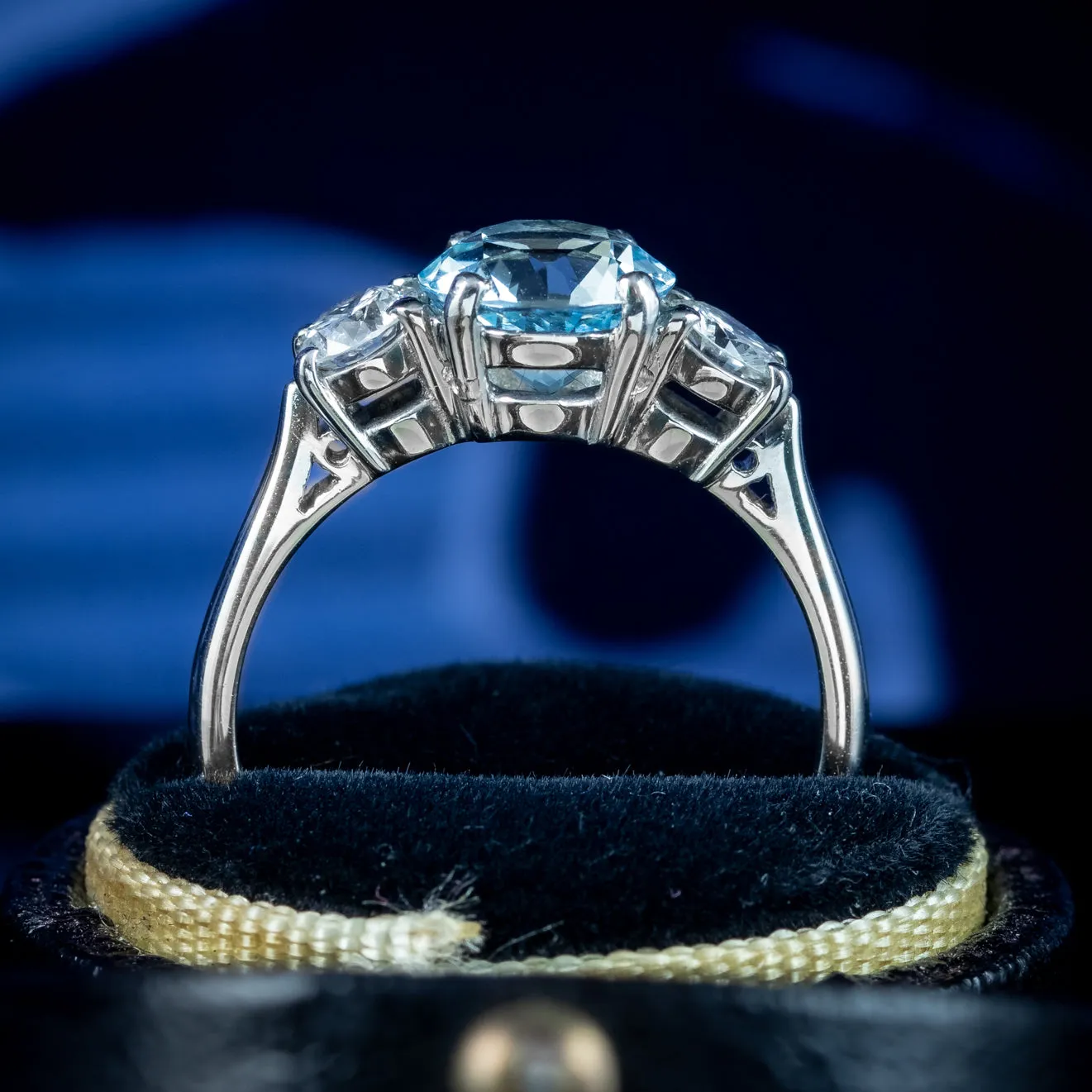 Edwardian Style Aquamarine Diamond Trilogy Ring 2.2ct Aqua