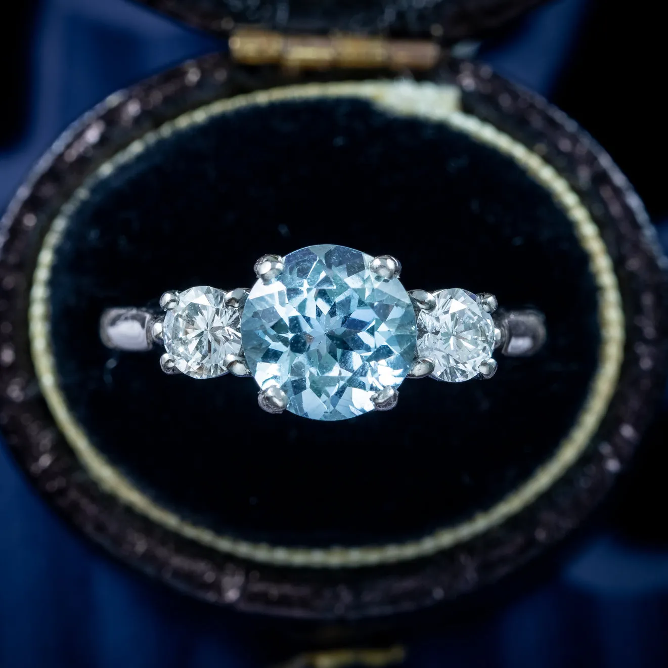 Edwardian Style Aquamarine Diamond Trilogy Ring 2.2ct Aqua