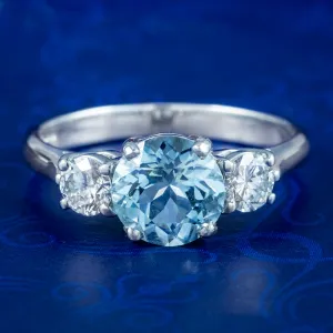 Edwardian Style Aquamarine Diamond Trilogy Ring 2.2ct Aqua