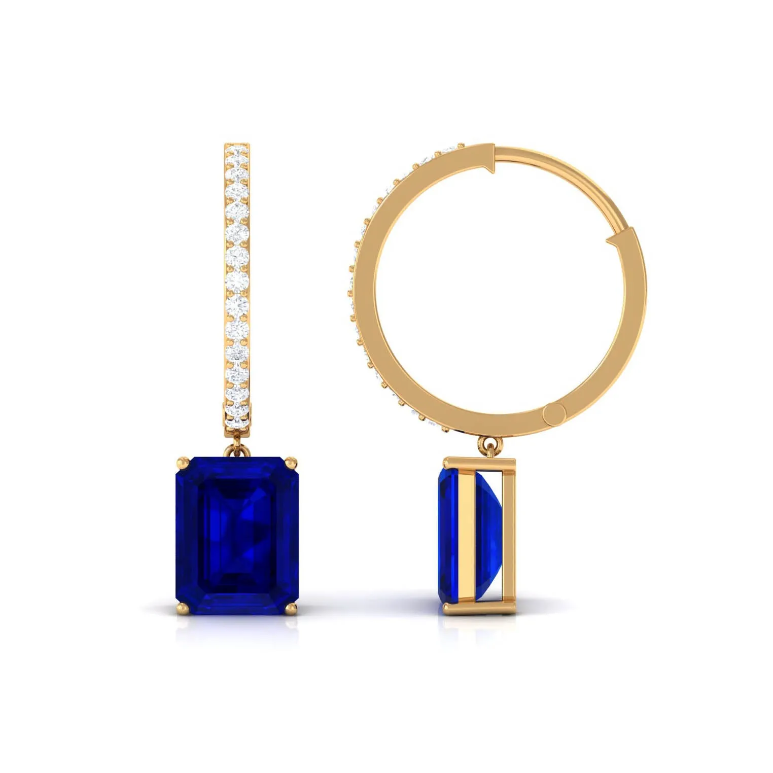 Emerald Cut Lab Grown Blue Sapphire Minimal Hinged Hoop Drop Earrings