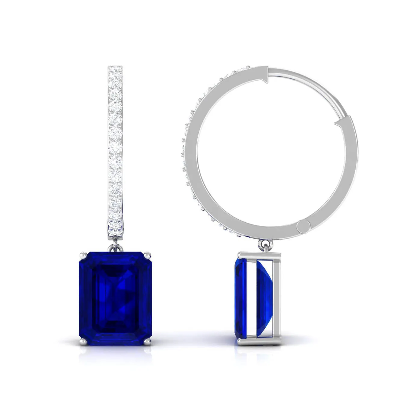 Emerald Cut Lab Grown Blue Sapphire Minimal Hinged Hoop Drop Earrings