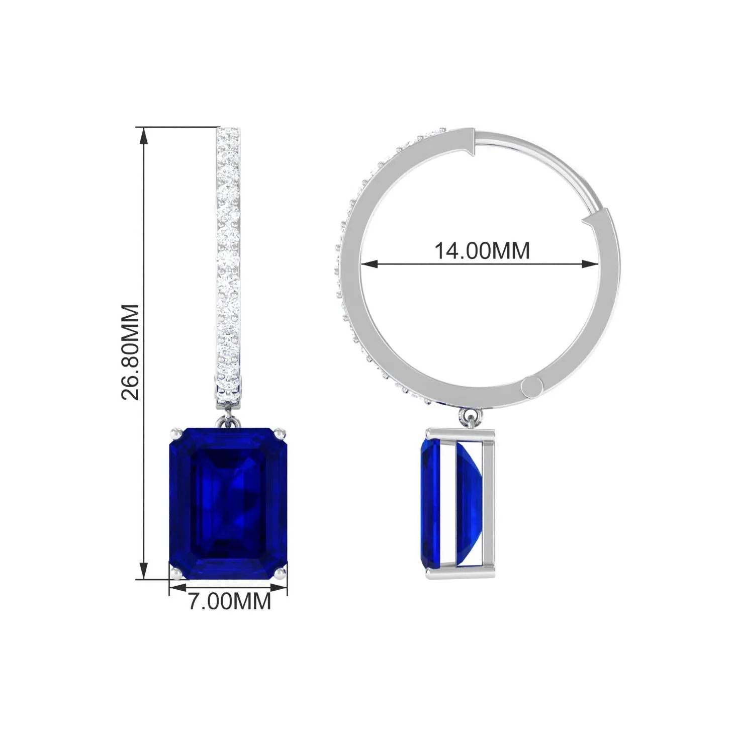 Emerald Cut Lab Grown Blue Sapphire Minimal Hinged Hoop Drop Earrings