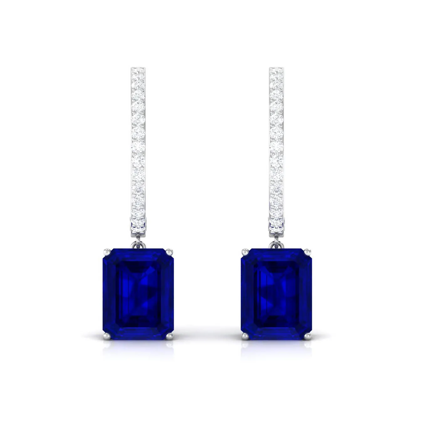 Emerald Cut Lab Grown Blue Sapphire Minimal Hinged Hoop Drop Earrings