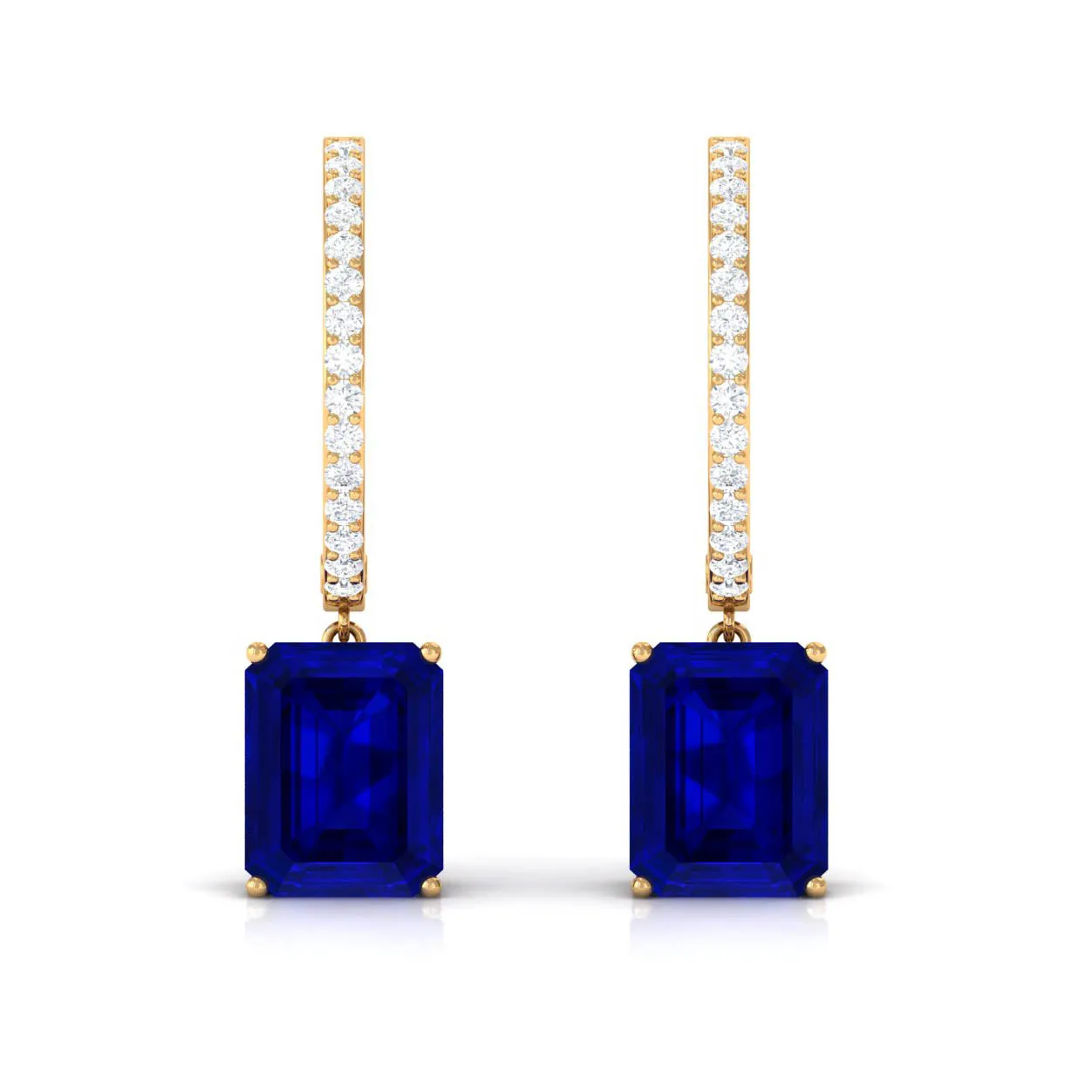 Emerald Cut Lab Grown Blue Sapphire Minimal Hinged Hoop Drop Earrings