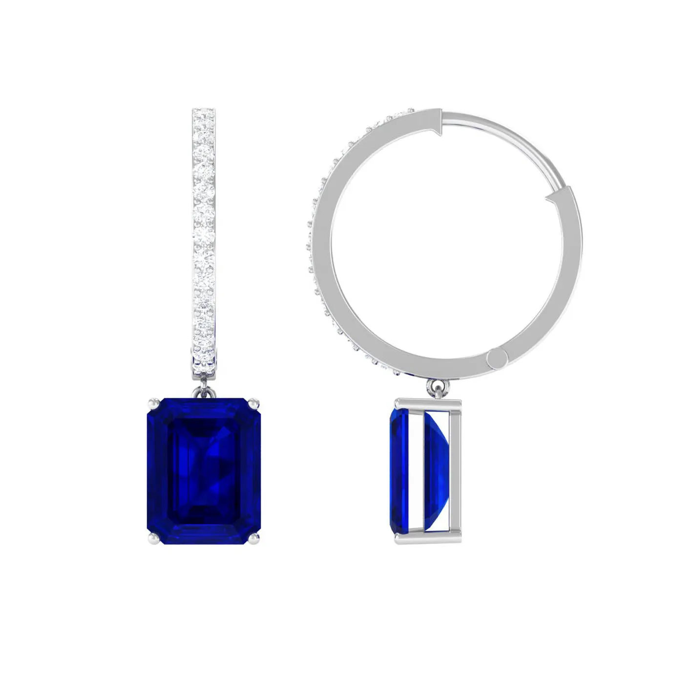 Emerald Cut Lab Grown Blue Sapphire Minimal Hinged Hoop Drop Earrings