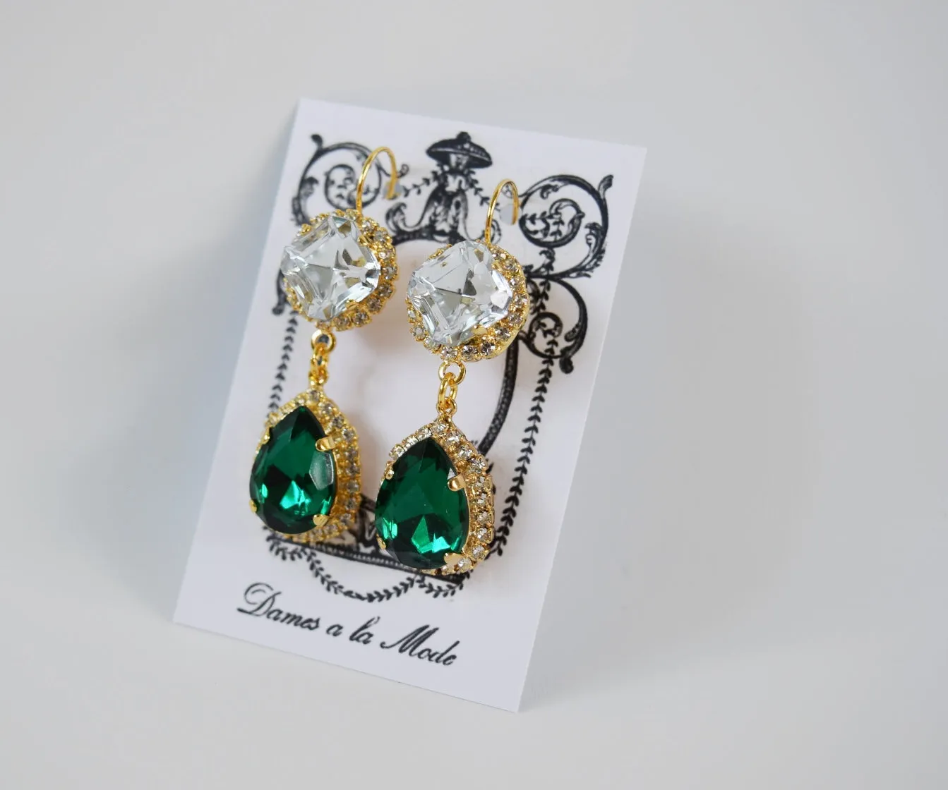 Emerald Teardrop Crystal Halo Earrings - Two Stone