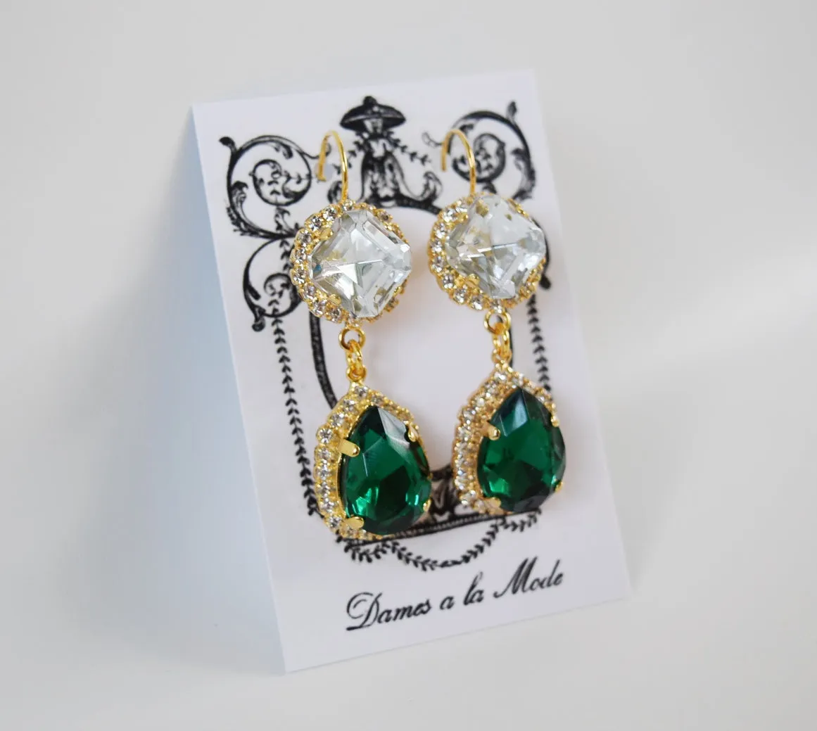 Emerald Teardrop Crystal Halo Earrings - Two Stone