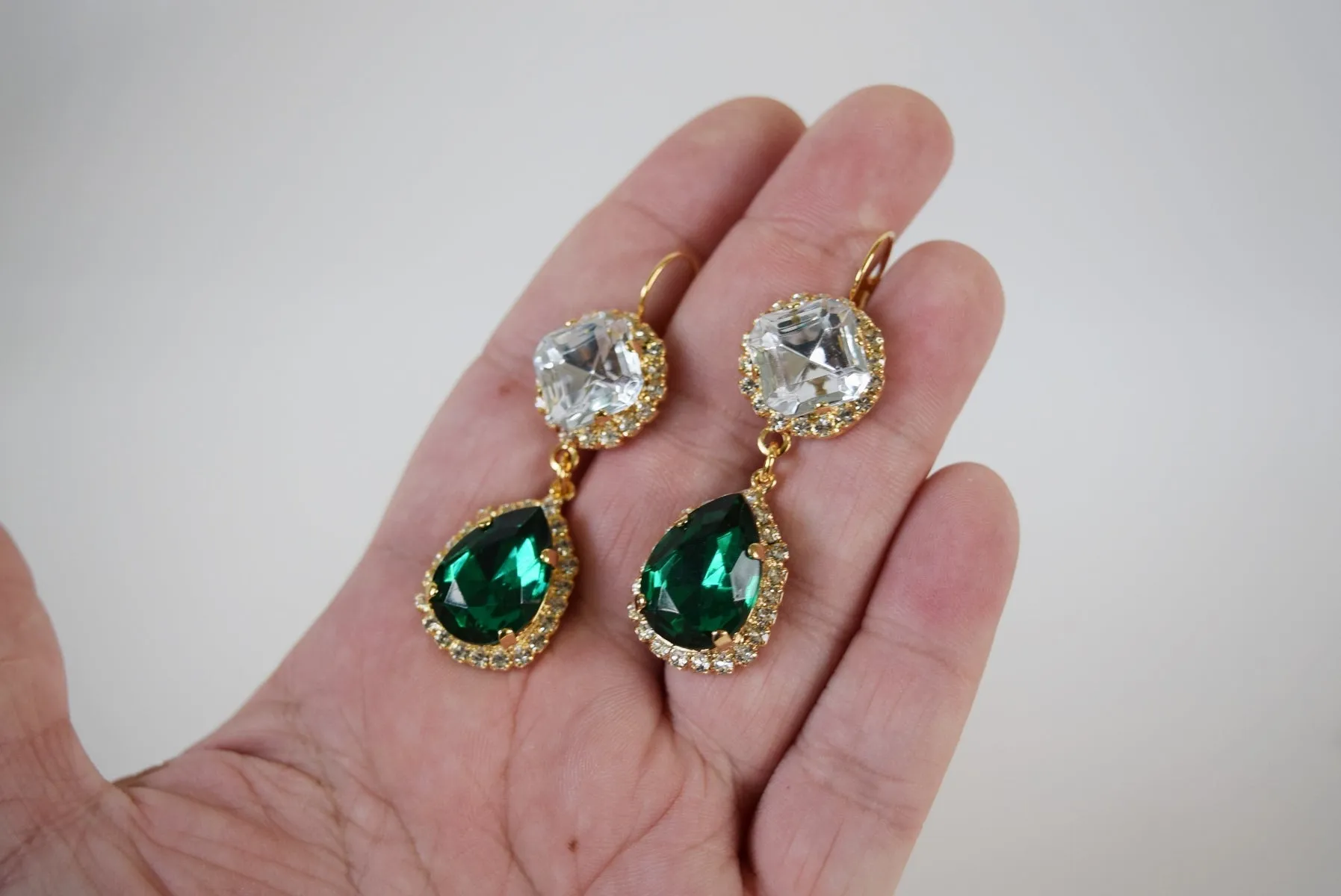 Emerald Teardrop Crystal Halo Earrings - Two Stone