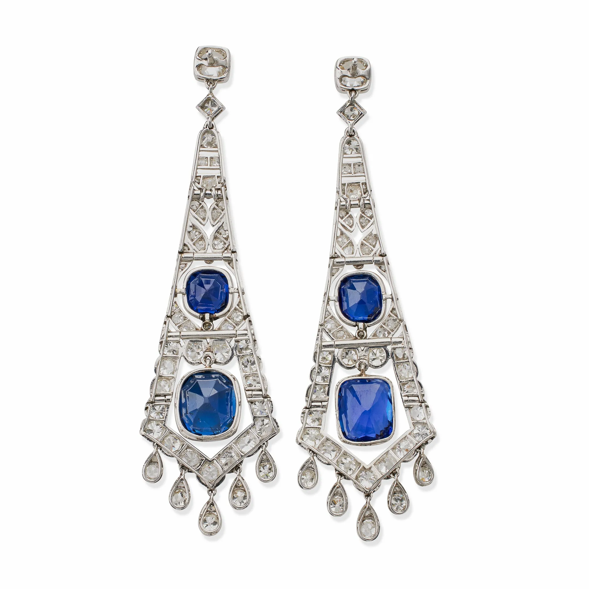 French Art Deco AGL Natural No-Heat Sapphire and Diamond Pendant Earrings