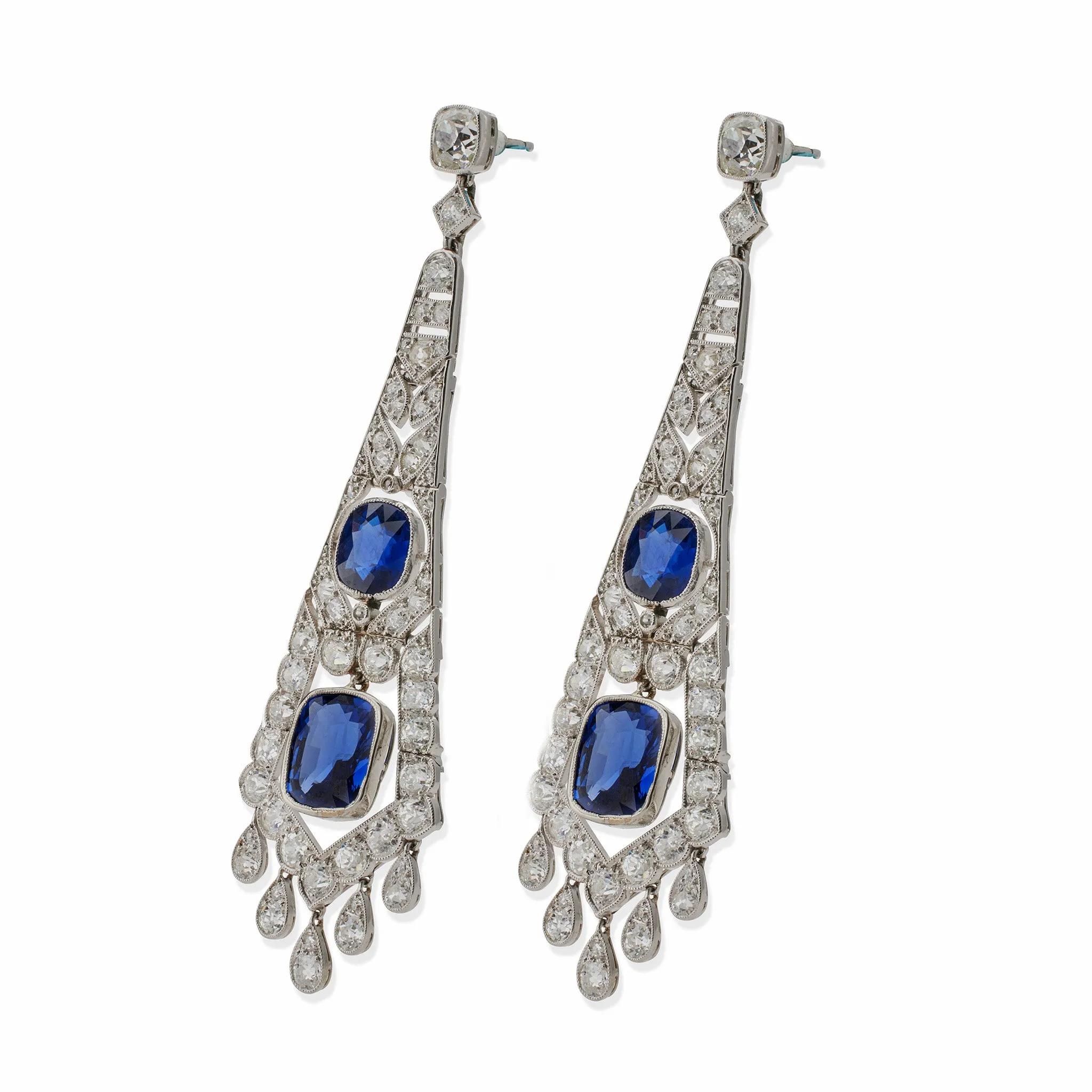 French Art Deco AGL Natural No-Heat Sapphire and Diamond Pendant Earrings