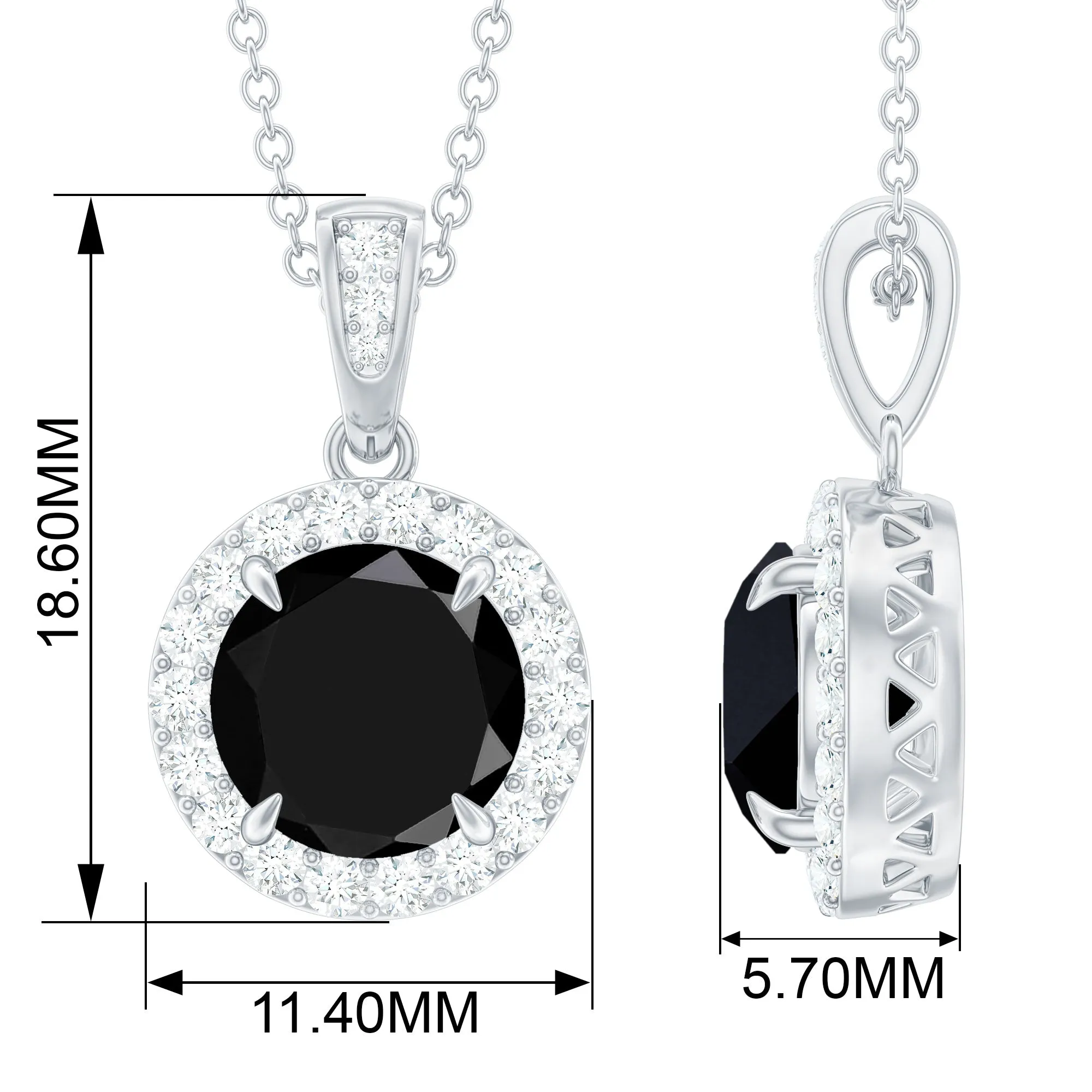 Genuine Black Onyx and Diamond Halo Pendant Necklace