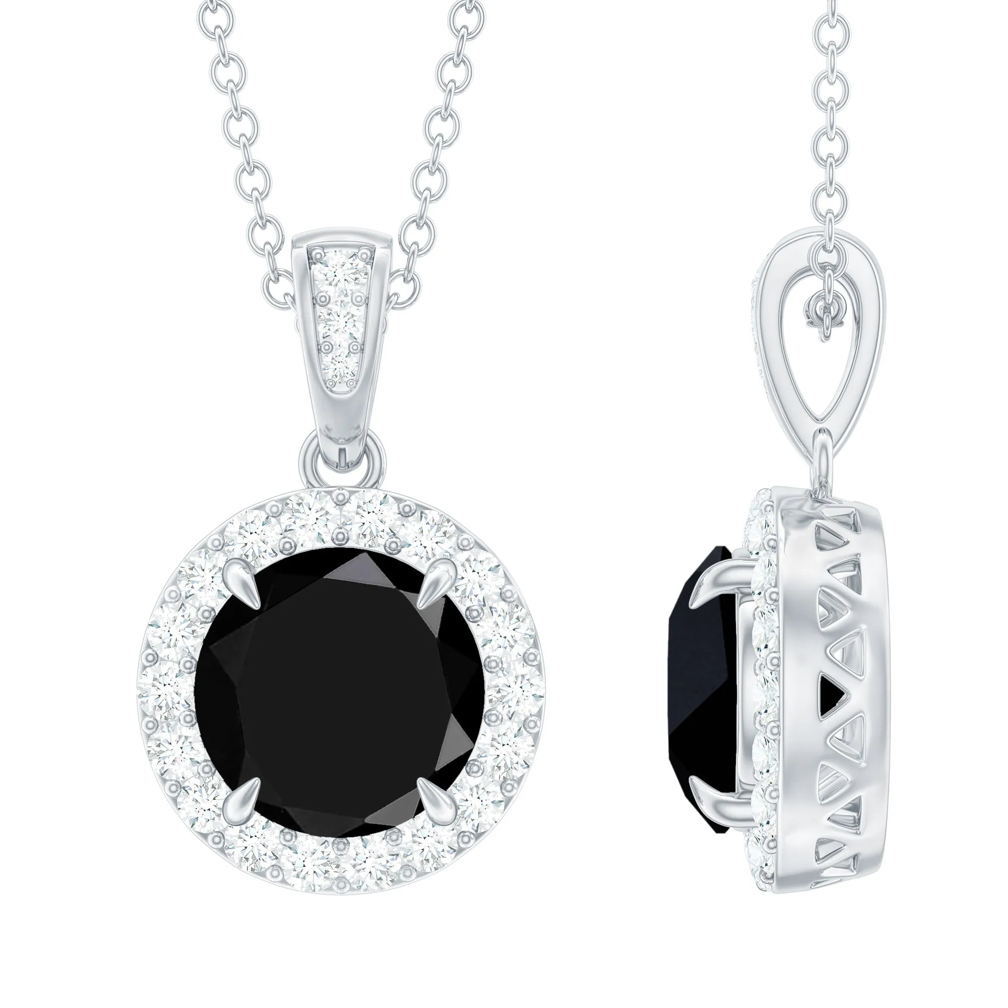 Genuine Black Onyx and Diamond Halo Pendant Necklace