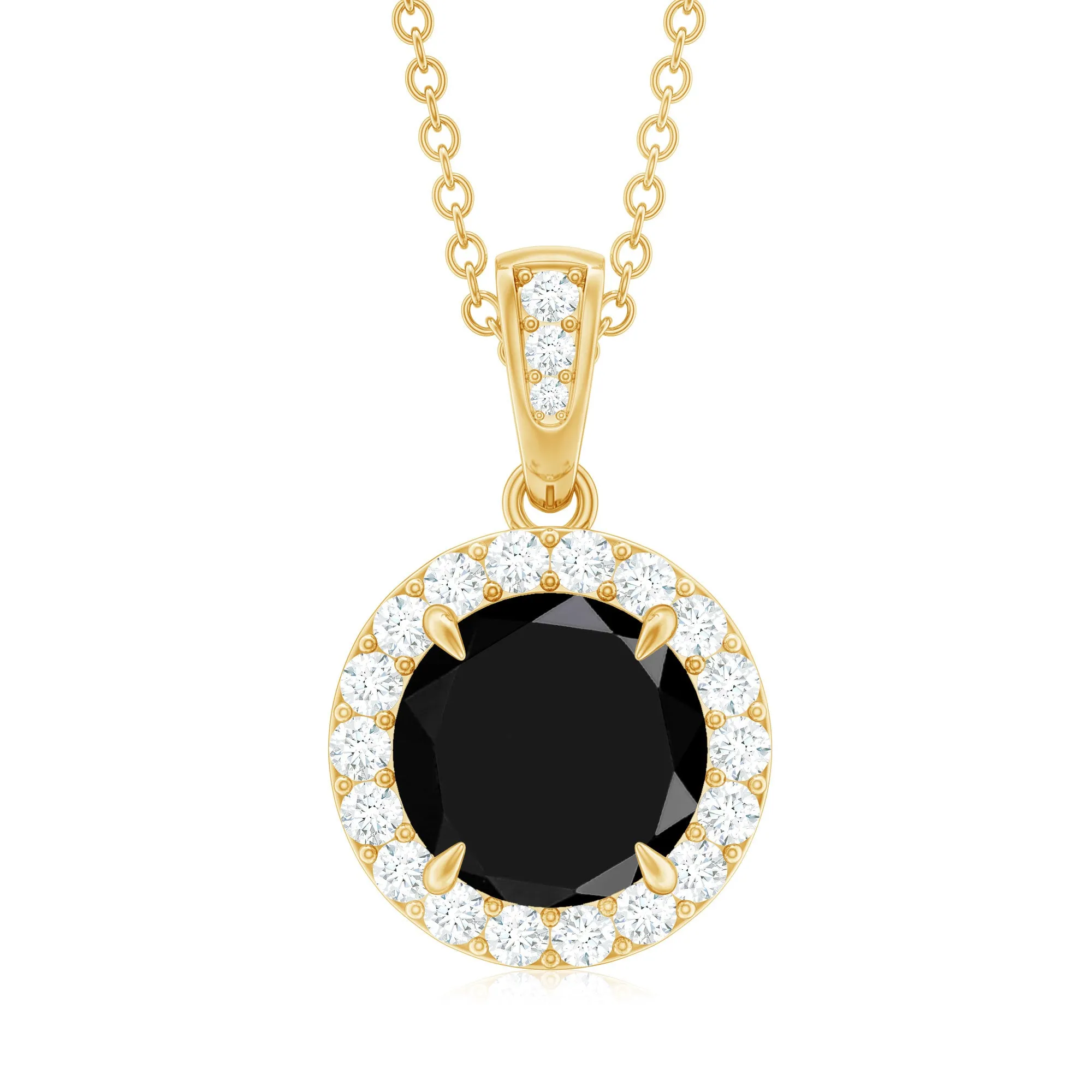 Genuine Black Onyx and Diamond Halo Pendant Necklace