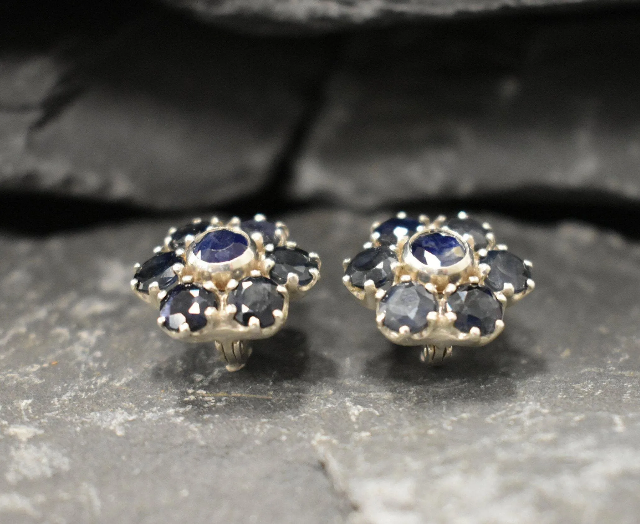 Genuine Sapphire Earrings - Blue Flower Earrings - Large Floral Studs