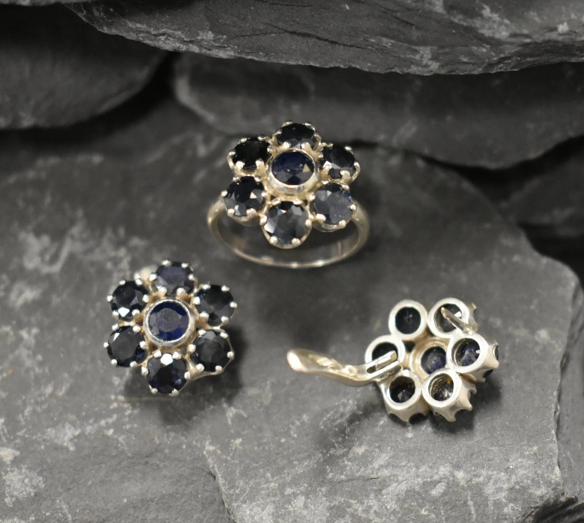 Genuine Sapphire Earrings - Blue Flower Earrings - Large Floral Studs