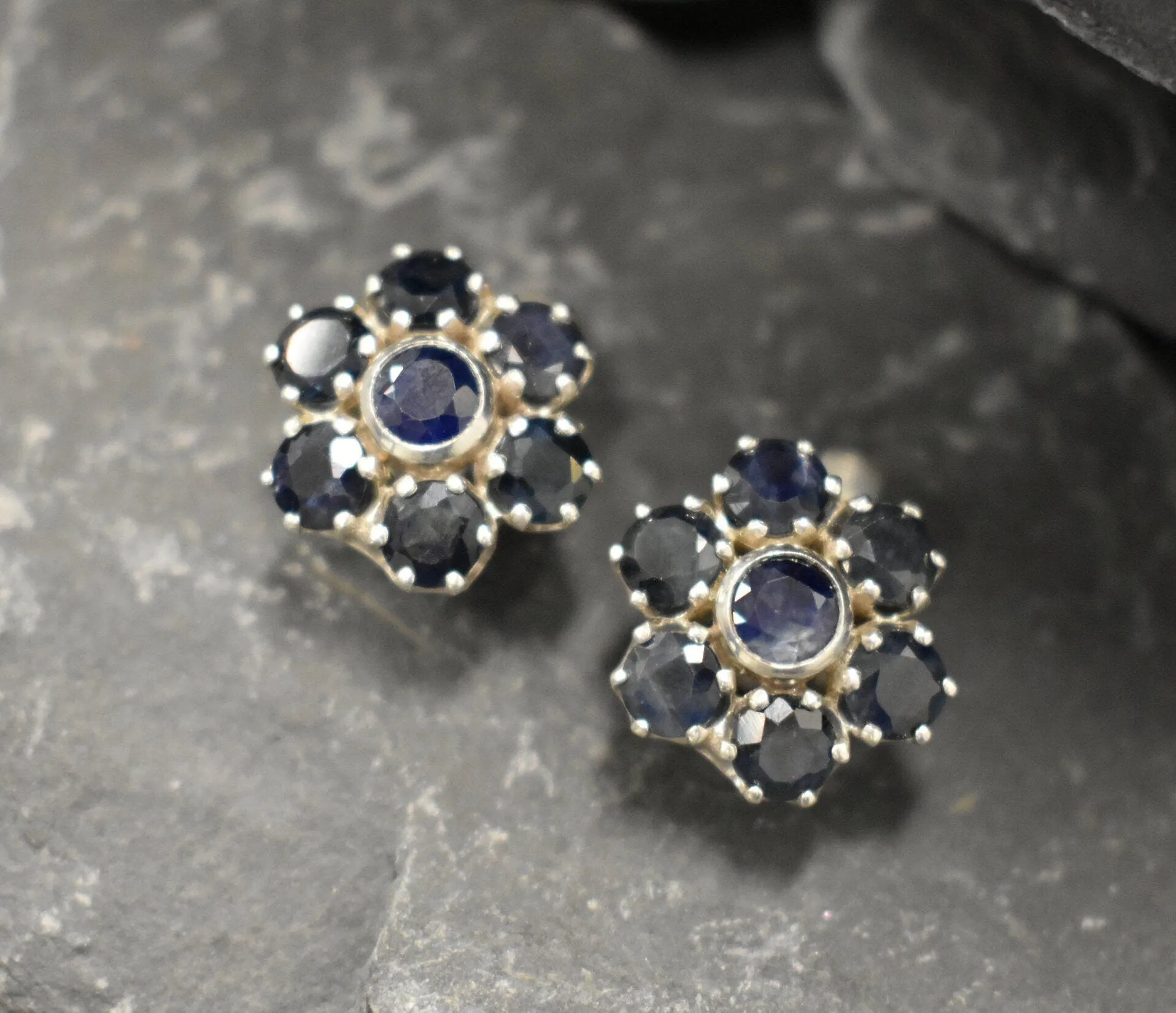 Genuine Sapphire Earrings - Blue Flower Earrings - Large Floral Studs