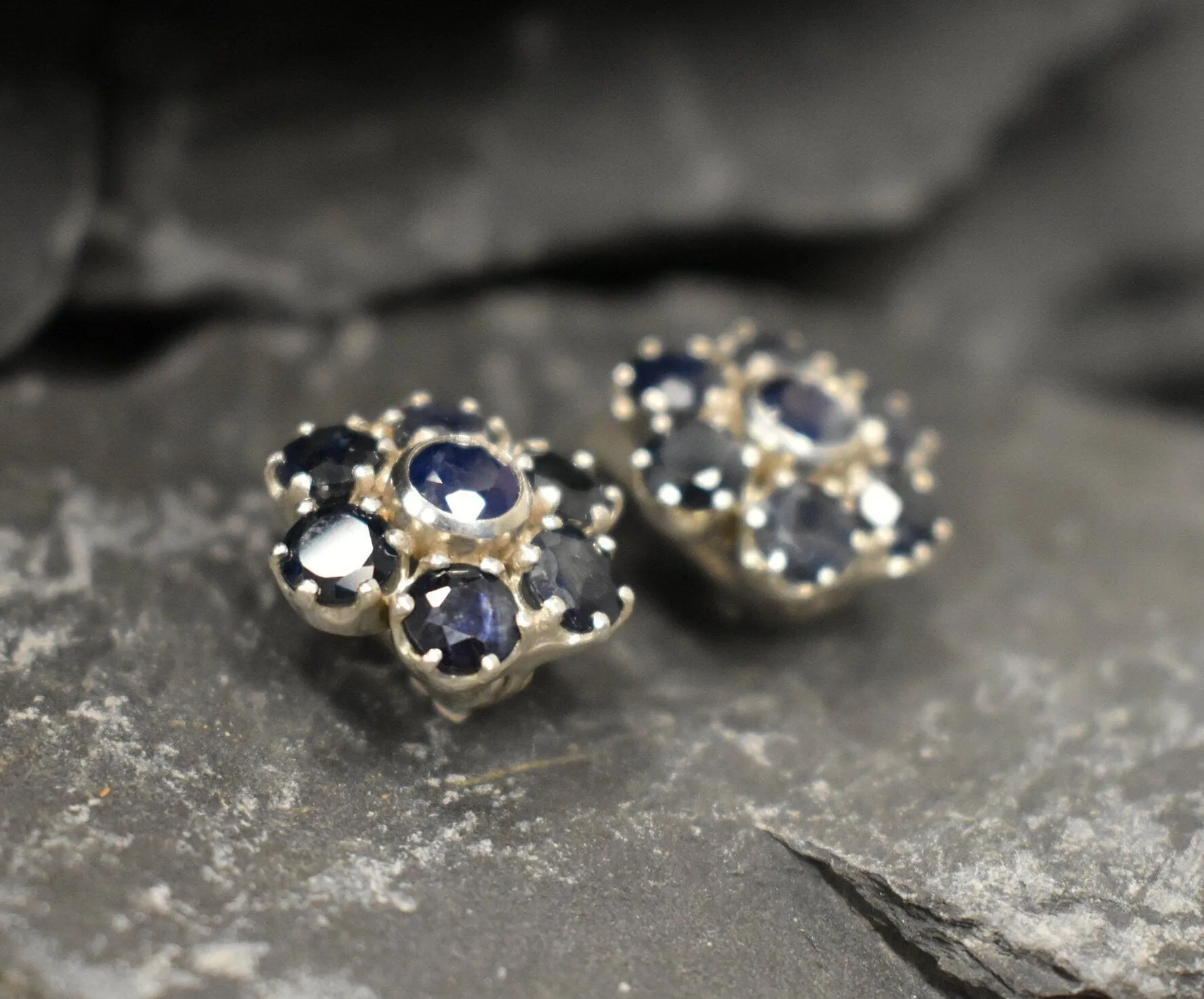 Genuine Sapphire Earrings - Blue Flower Earrings - Large Floral Studs