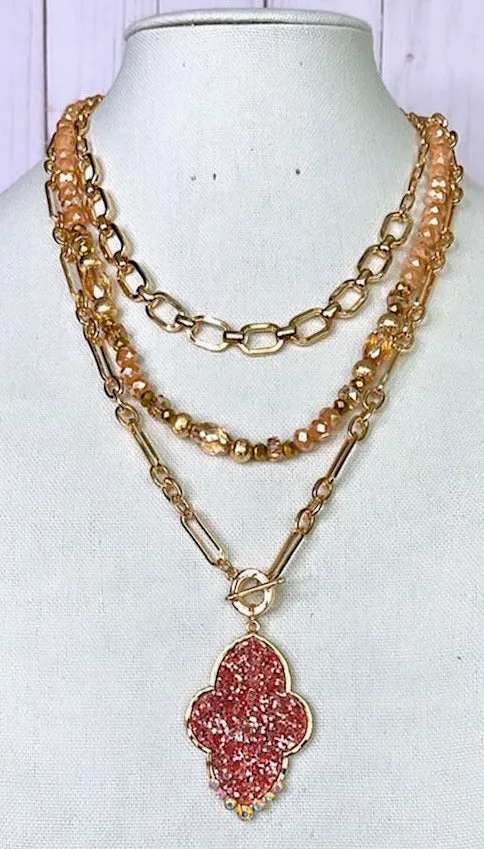 Gold Chain & Crystal Beaded Layer Necklace with Rose Gold Glitter Pendant