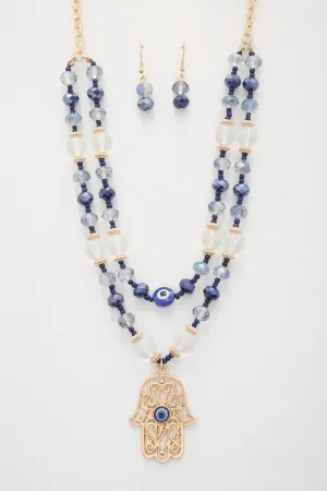 Hamsa hand pendant beaded layered necklace