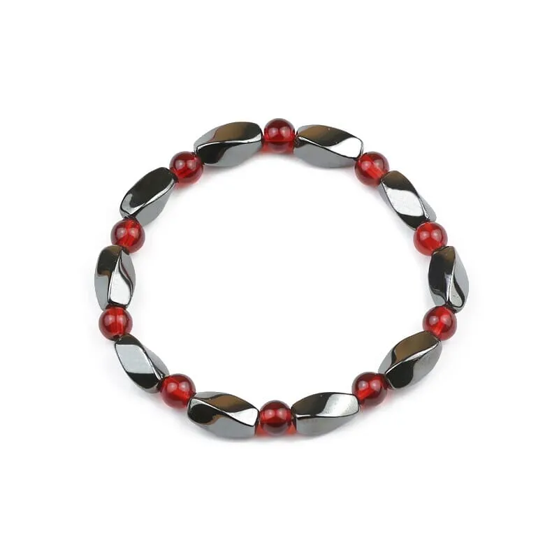 Hematite Stone and Ruby Curved Quadrangular Prism Bracelet