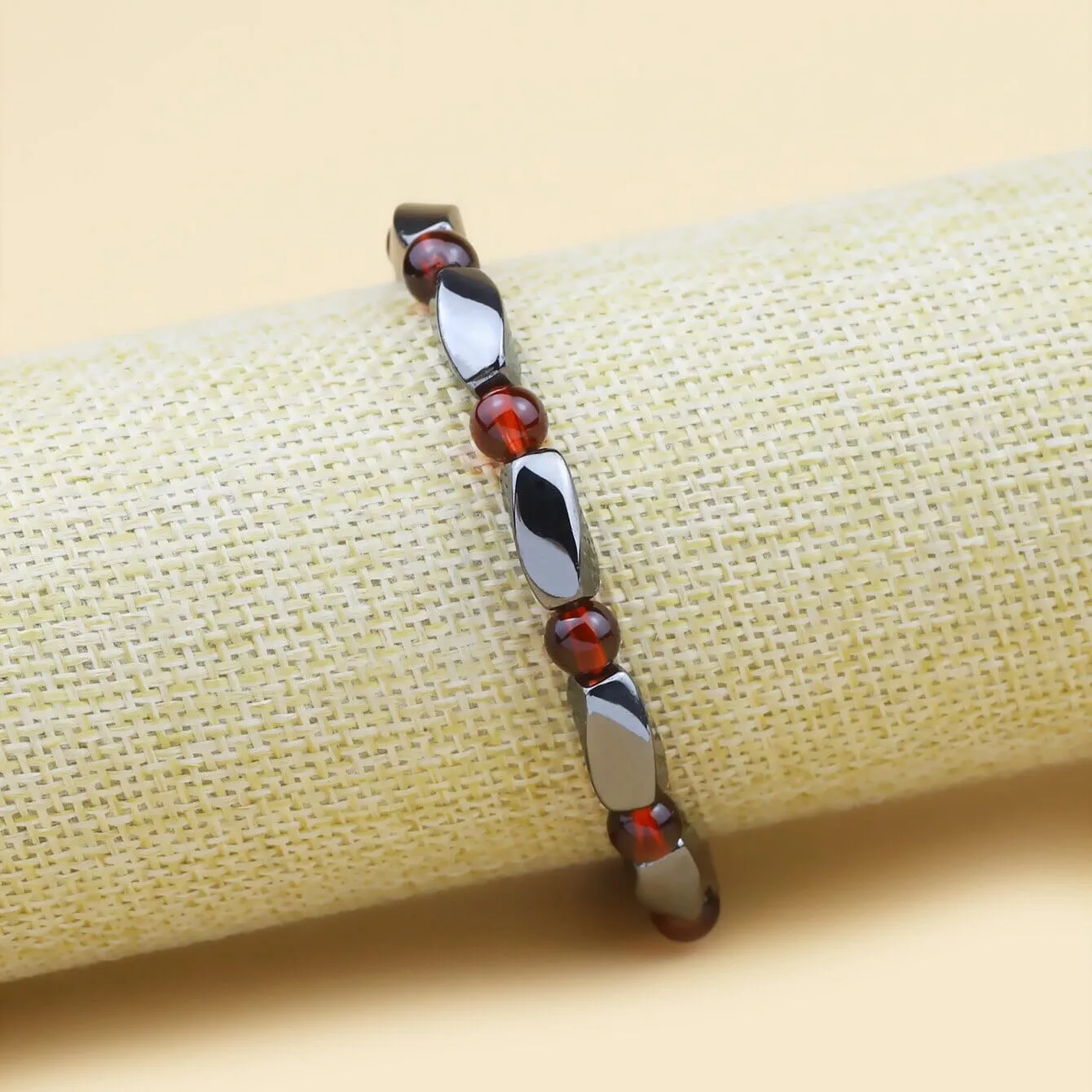 Hematite Stone and Ruby Curved Quadrangular Prism Bracelet