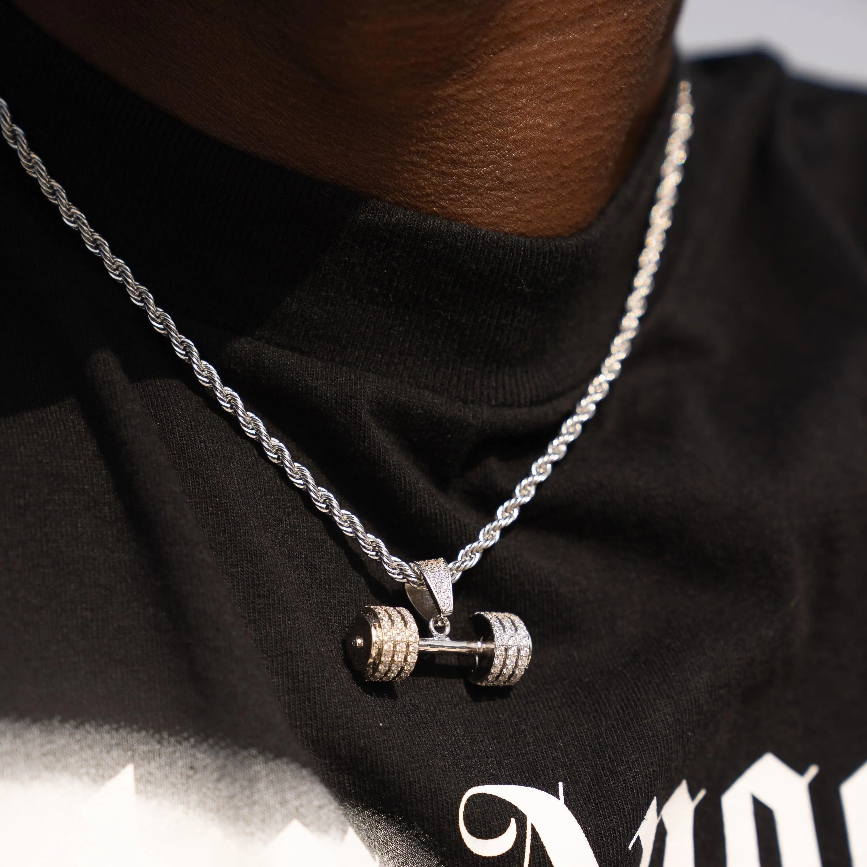 Iced Dumbbell Pendant - White Gold